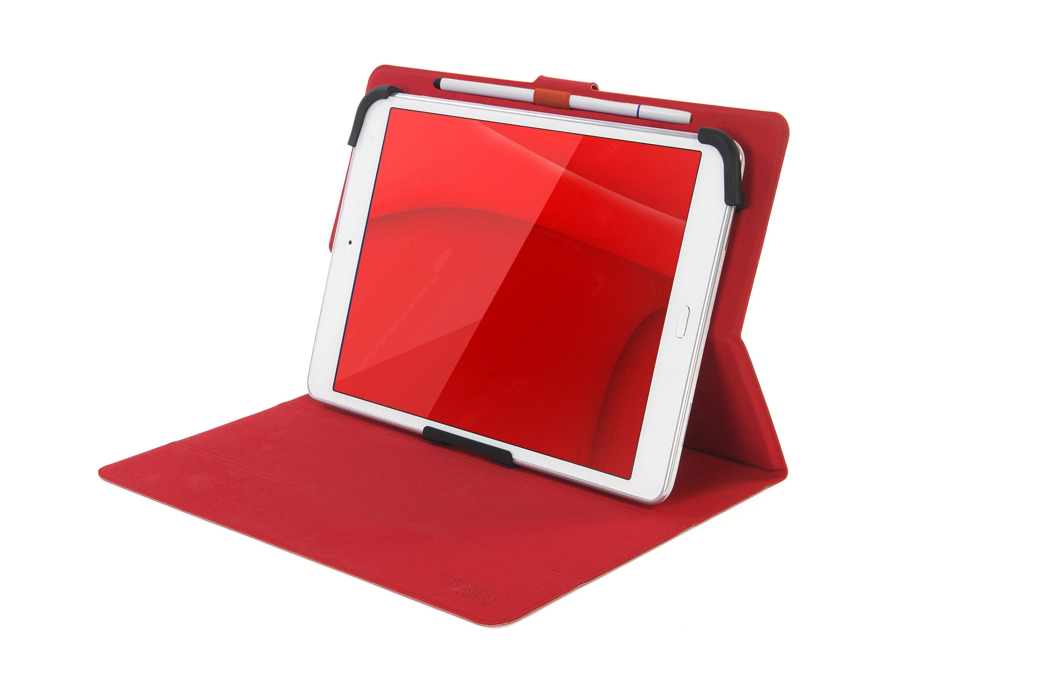 Funda roja para tablet con tablet blanca dentro. Un lápiz óptico está adjunto.