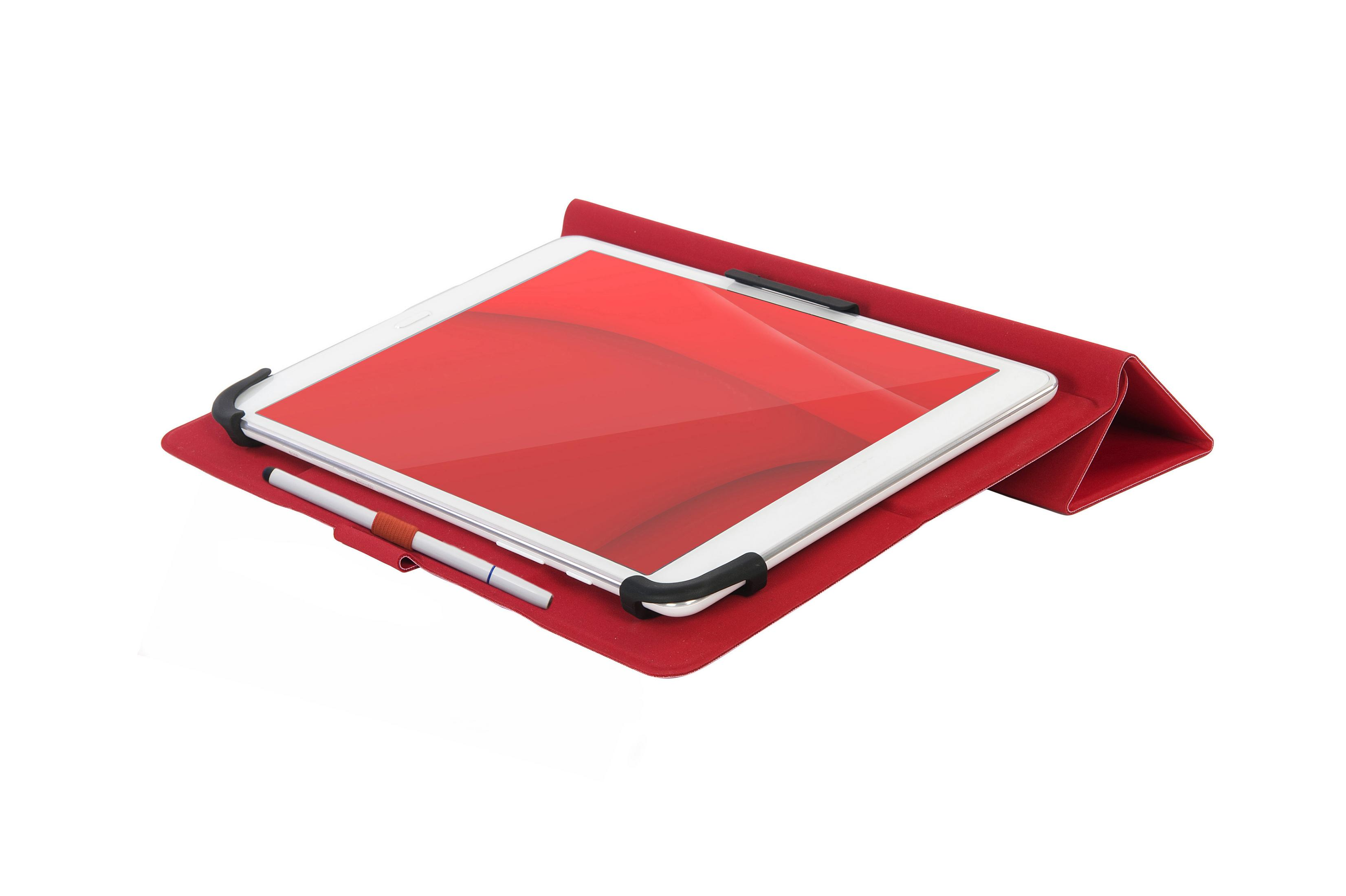 Tableta en un soporte rojo, con un bolígrafo.
