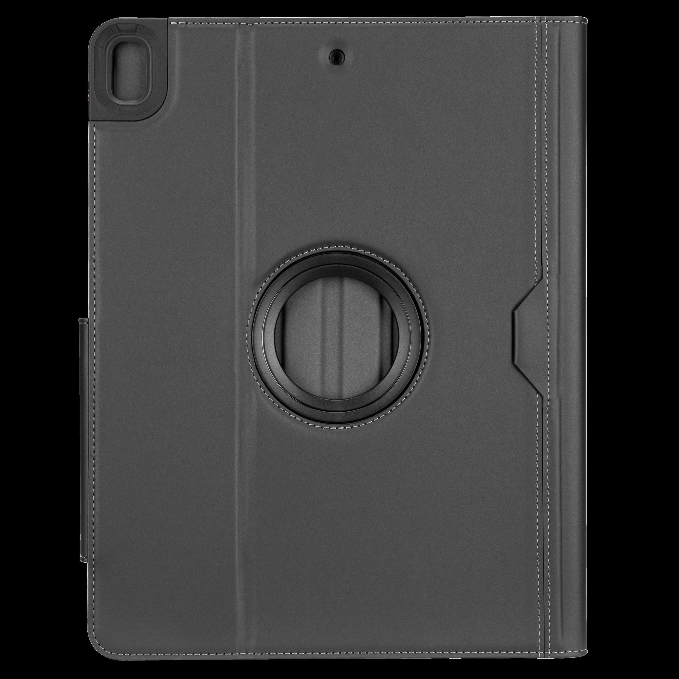 Graue Tablet-Hülle mit drehbarem Ständer und Nähten auf schwarzem Hintergrund.