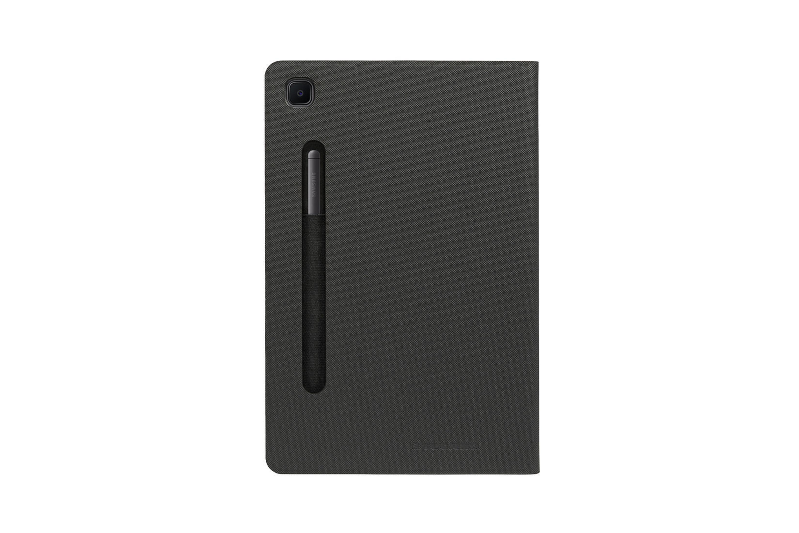 Una custodia nera per tablet con un portapenne. La custodia del tablet è chiusa. Lo sfondo è bianco.