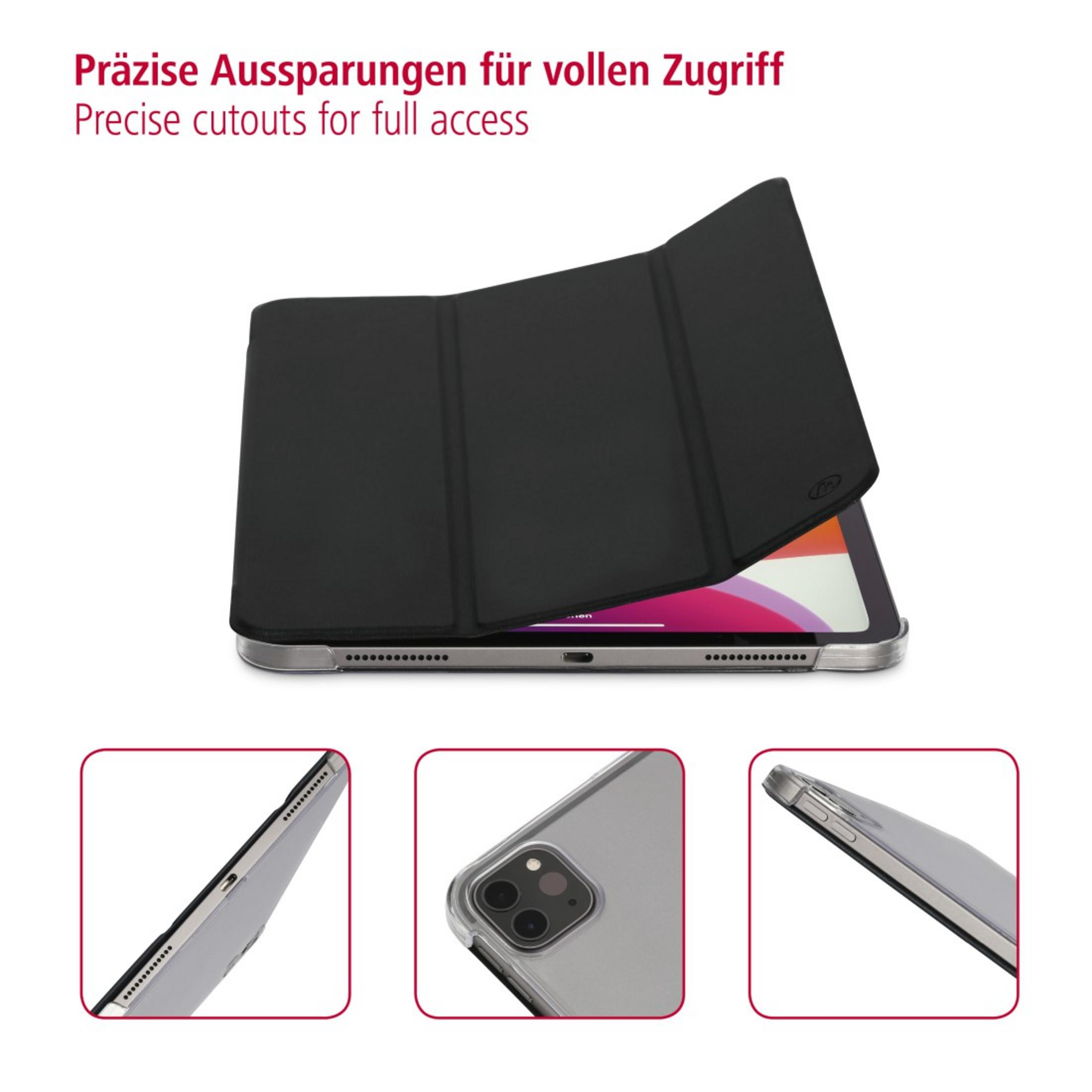 Schwarze iPad-Hülle mit drei Ansichten. Zeigt die offene Hülle mit iPad und Details.