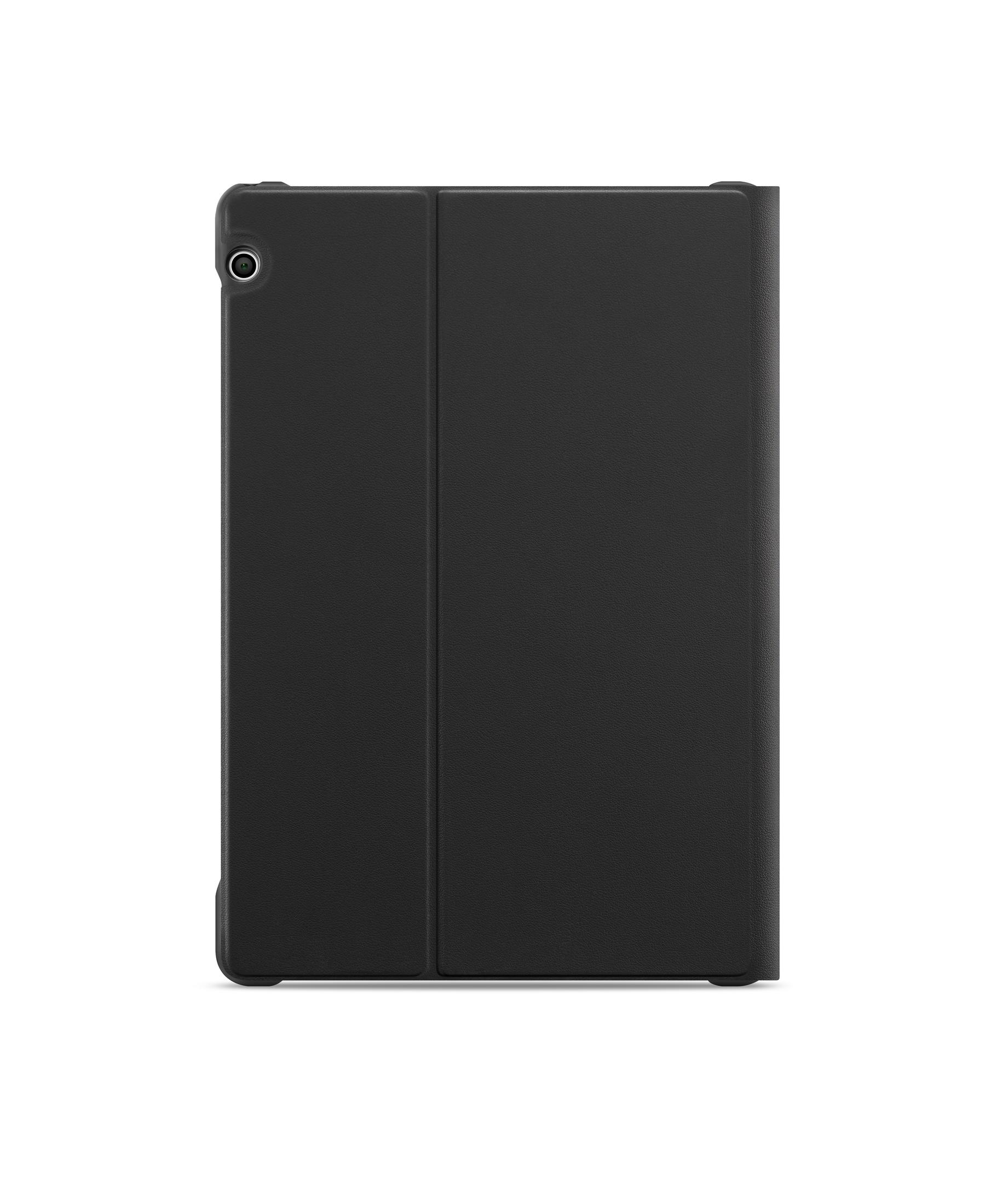 Schwarze Tablethülle, geschlossen. Die Hülle ist rechteckig, mit einem kleinen Kamera Loch oben links.