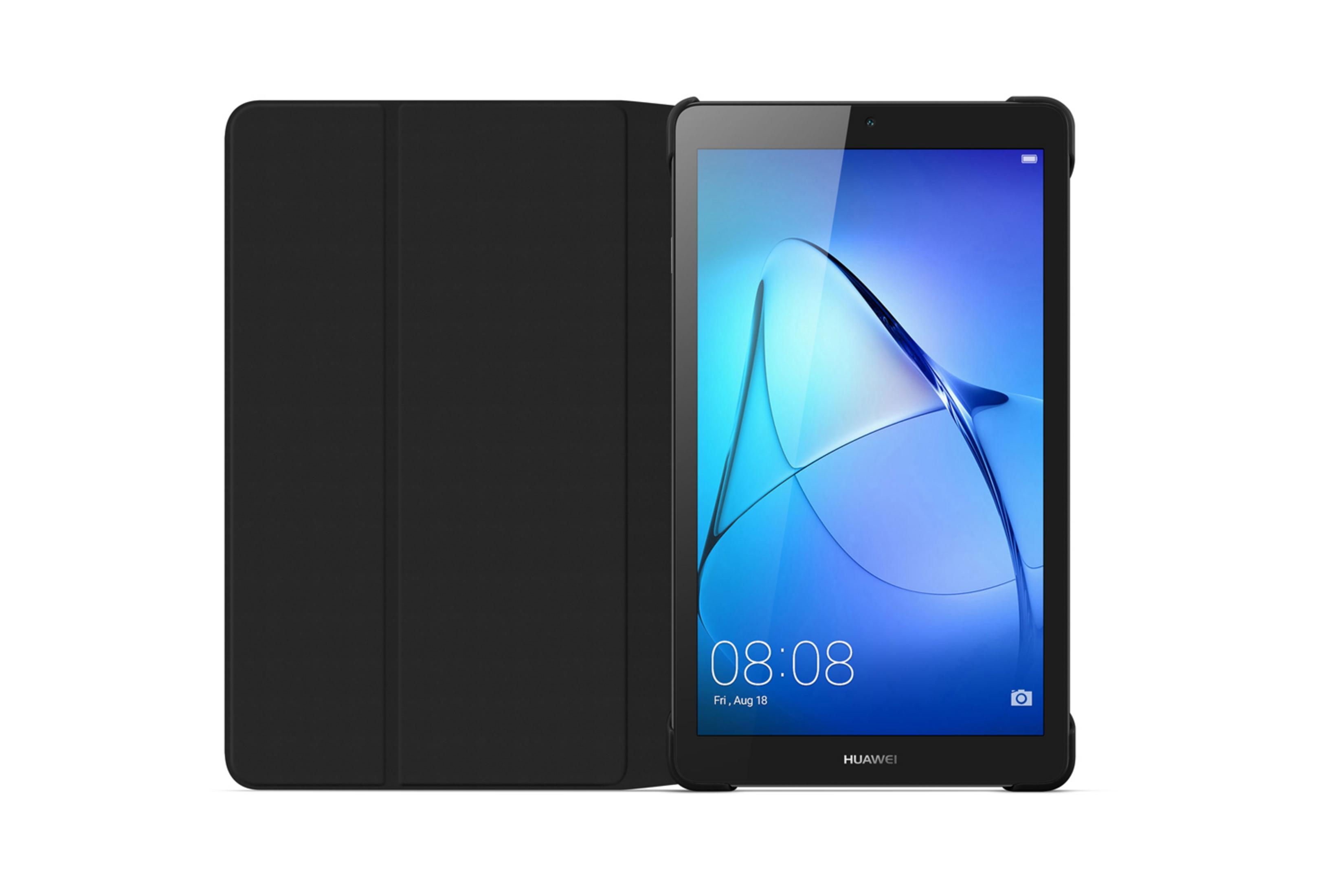 Schwarzes Tablet mit blauem Hintergrund. Eine Hülle daneben.
