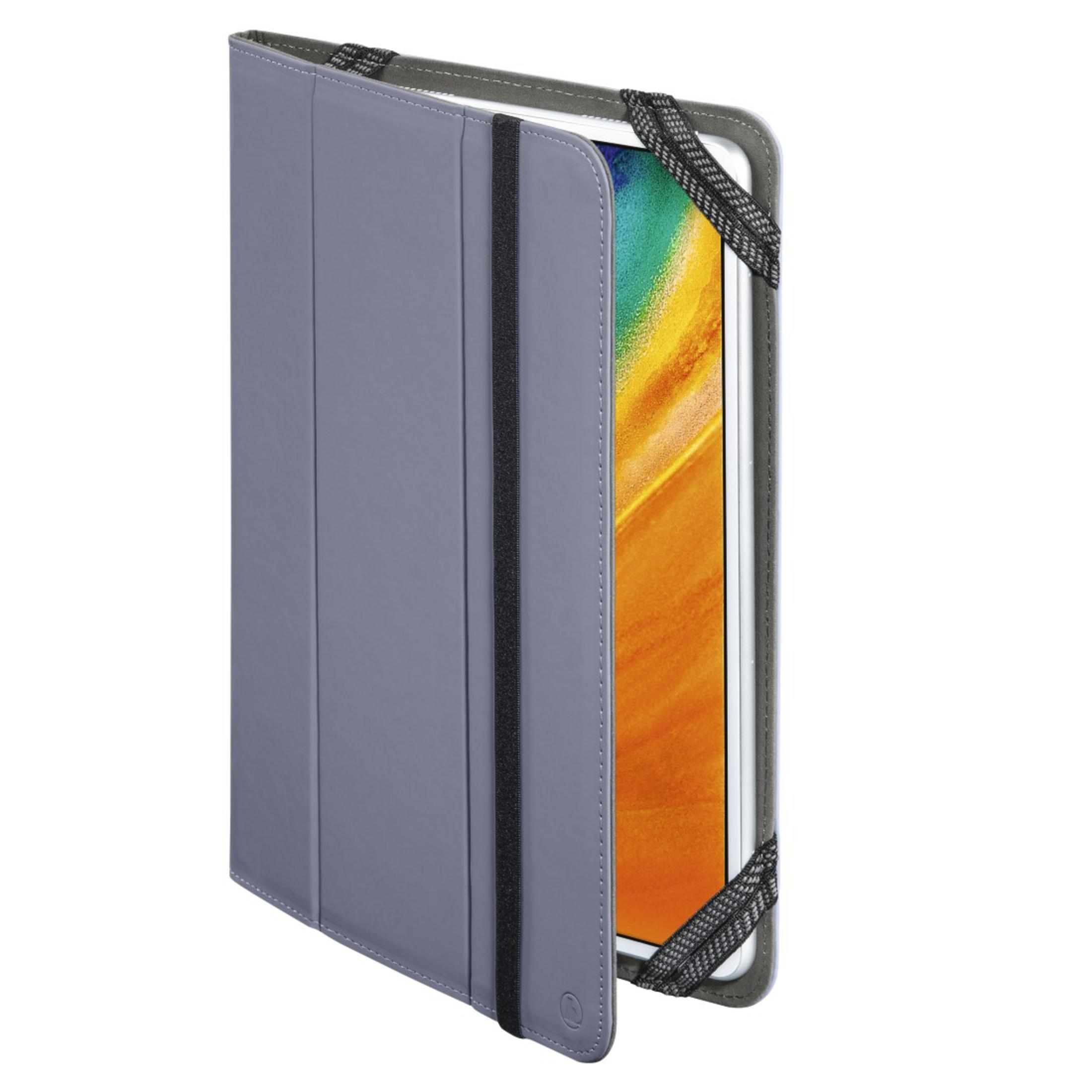 Graue Tablethülle mit teilweise eingelegtem Tablet. Ein schwarzes Gummiband sichert es.