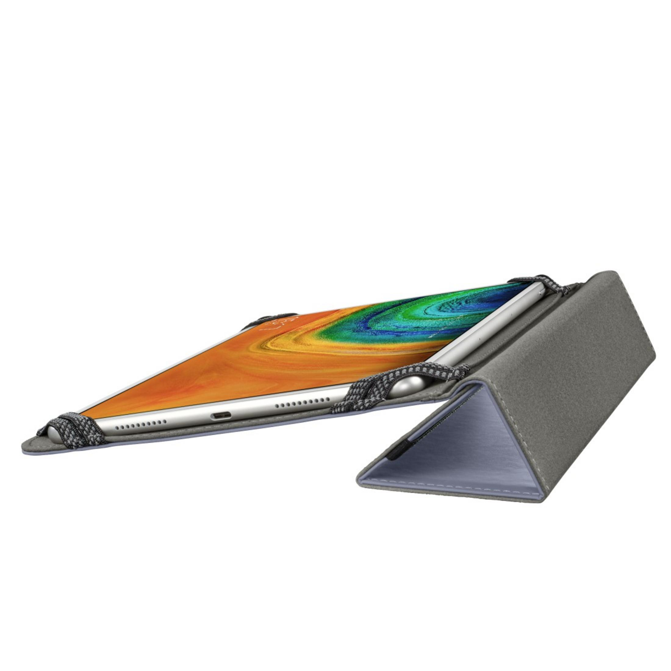 Ein Tablet in einem grauen Gehäuse, hochgestellt. Das Tablet zeigt ein farbenfrohes Bild.