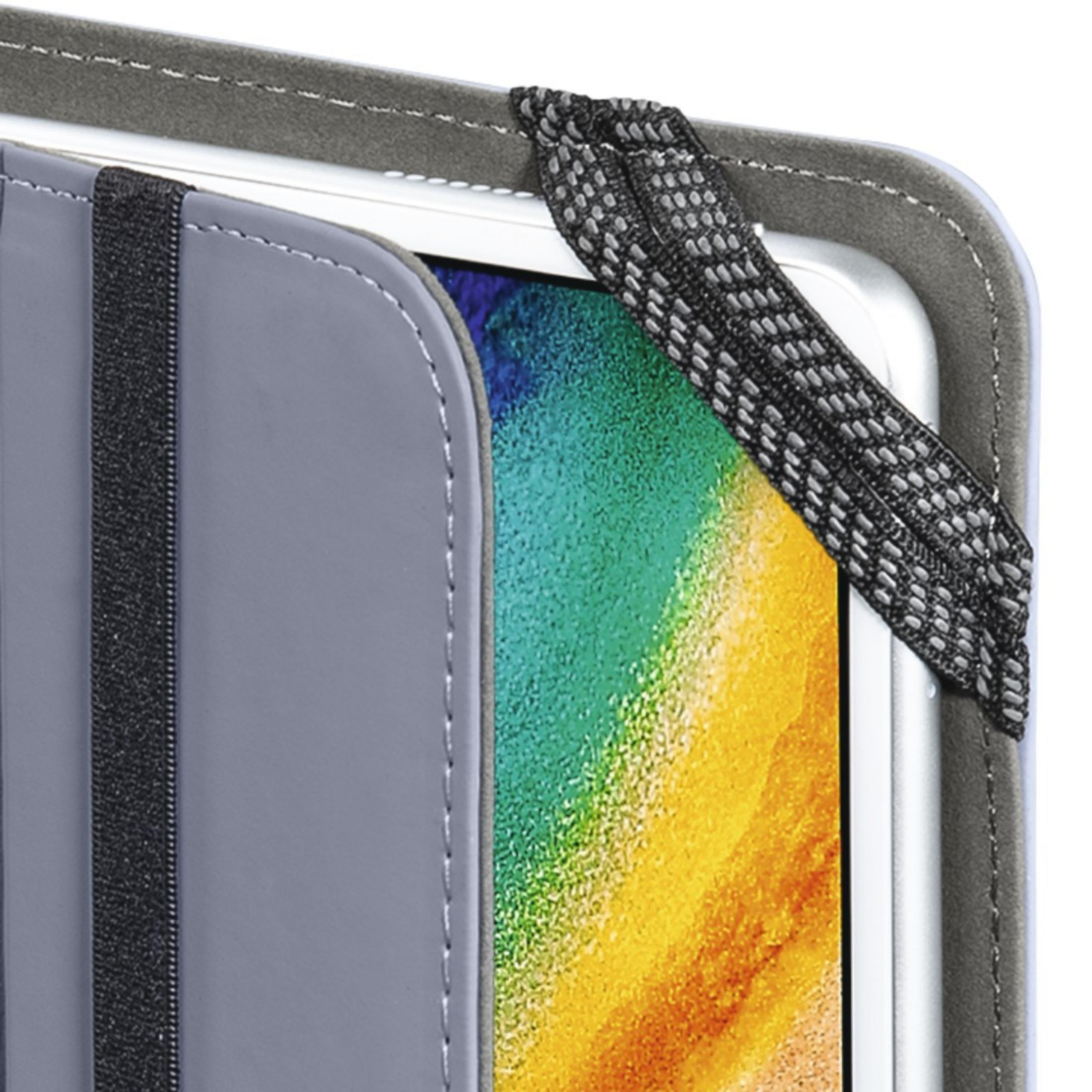 Nahaufnahme eines Tablets in einer grauen Hülle. Die Hülle ist offen, Bildschirm sichtbar.