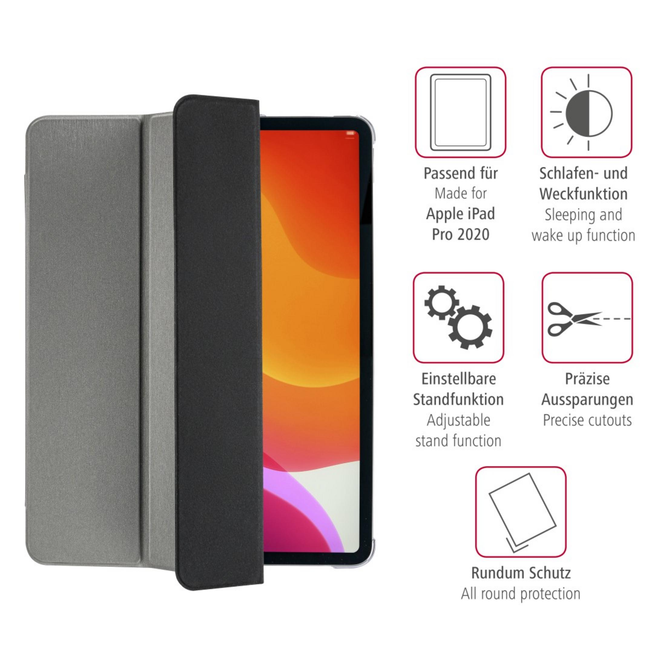 Grau-schwarze Tablethülle mit Symbolen und einem Tablet.