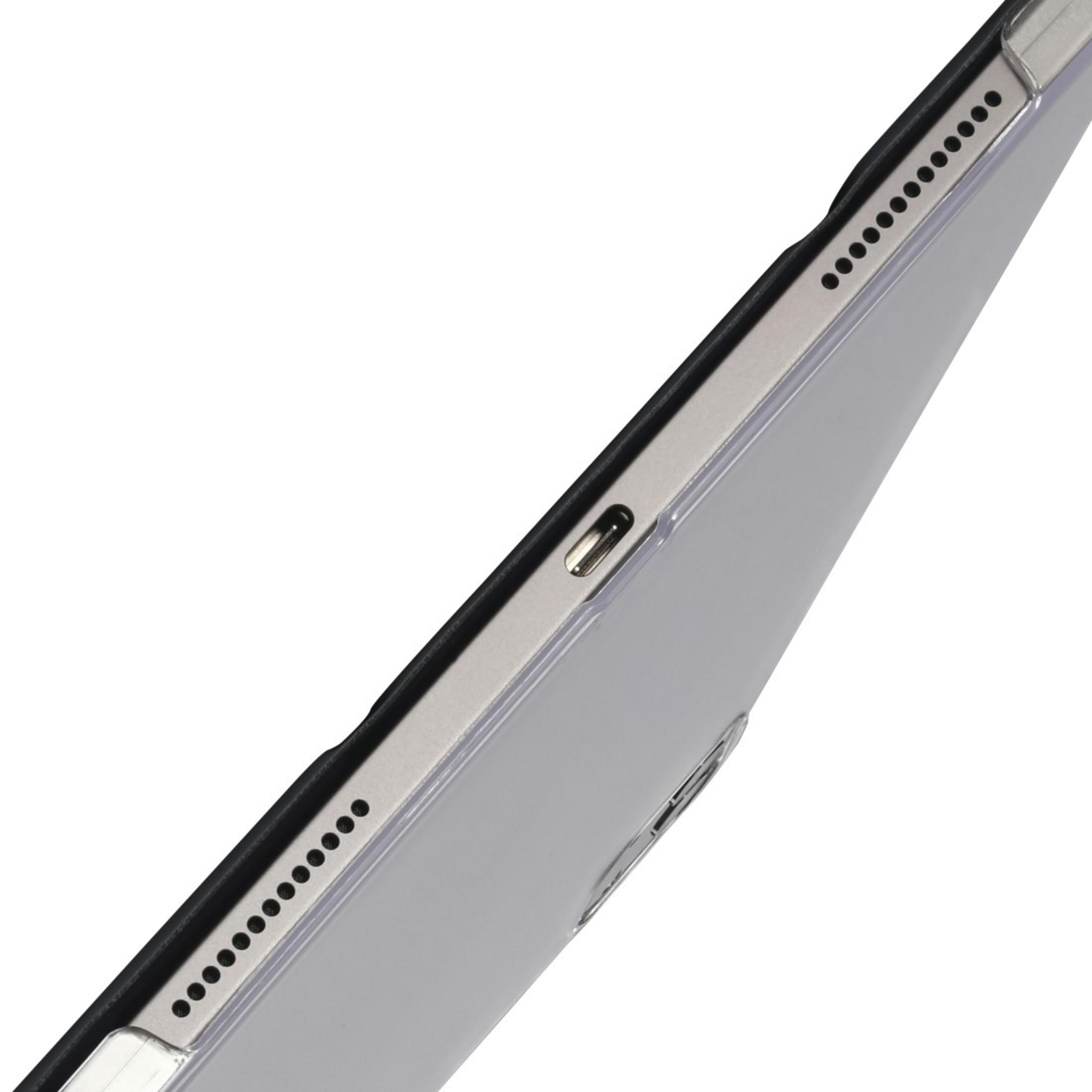 Nahaufnahme der Seite eines Tablets, mit Knöpfen, Löchern und einem Ladeanschluss.