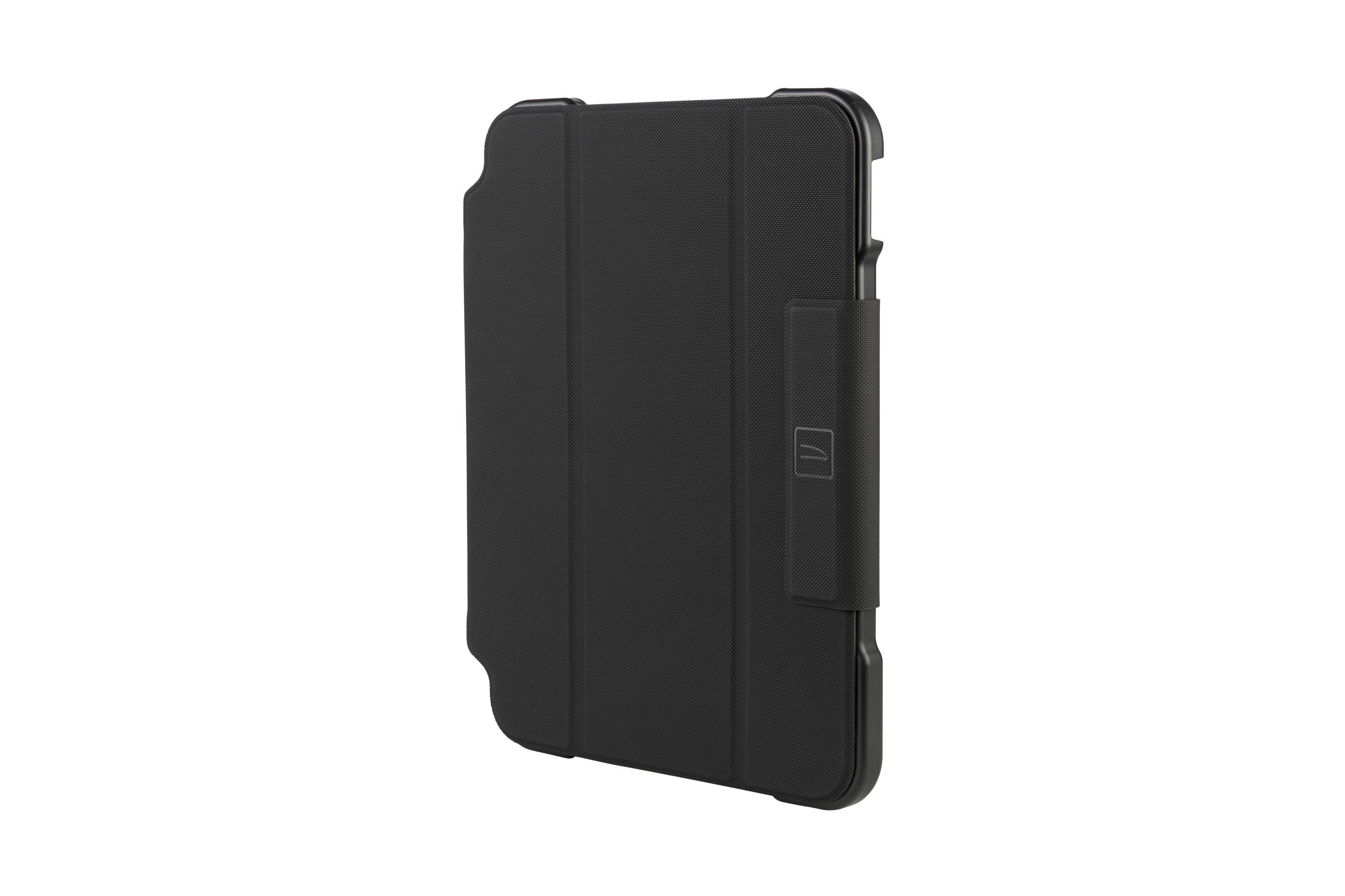 Funda negra para tableta con superficie texturizada, correa y logotipo de la marca.