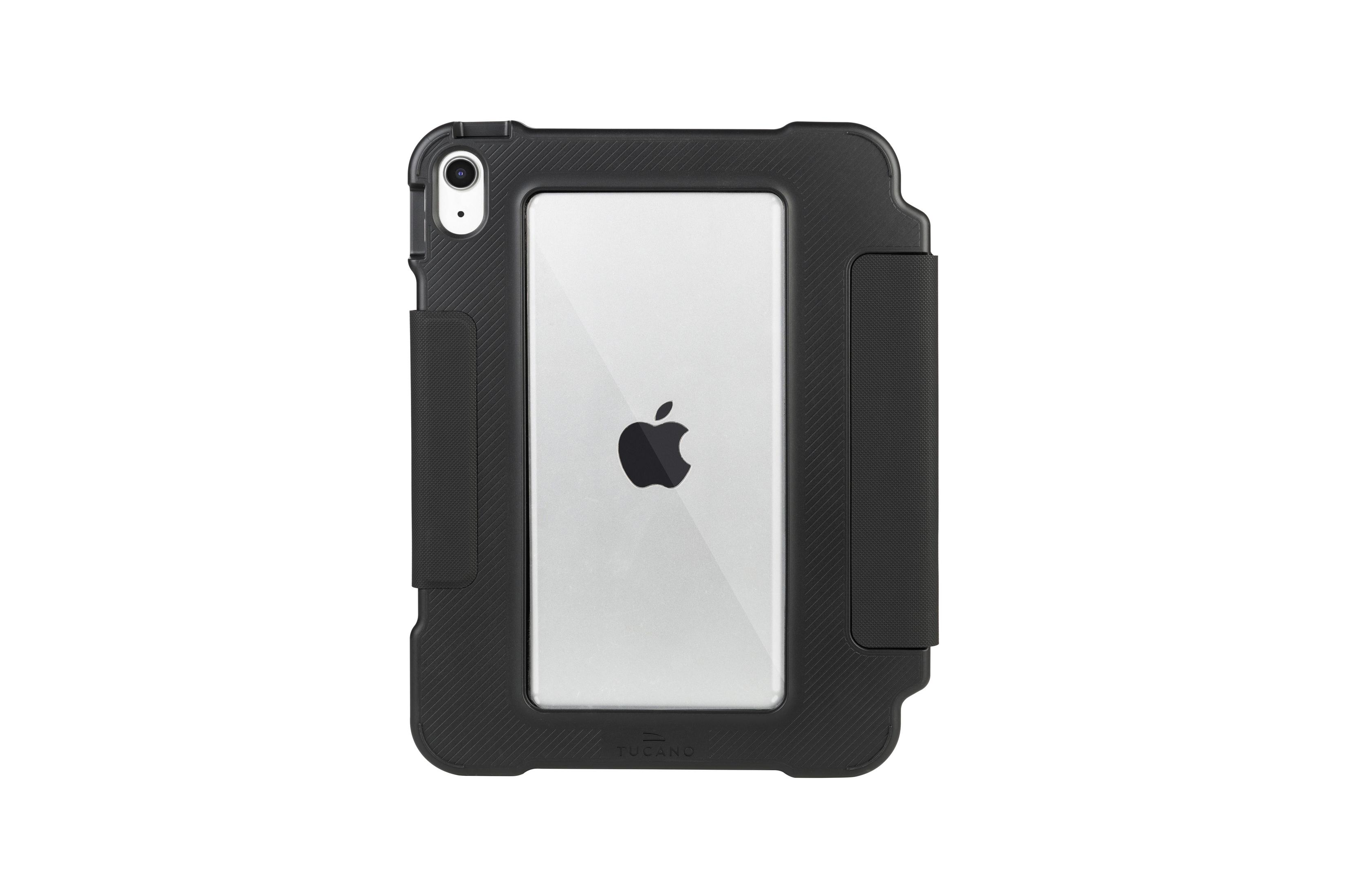 Funda negra para tableta con ventana transparente, mostrando la pantalla y el logo de Apple.