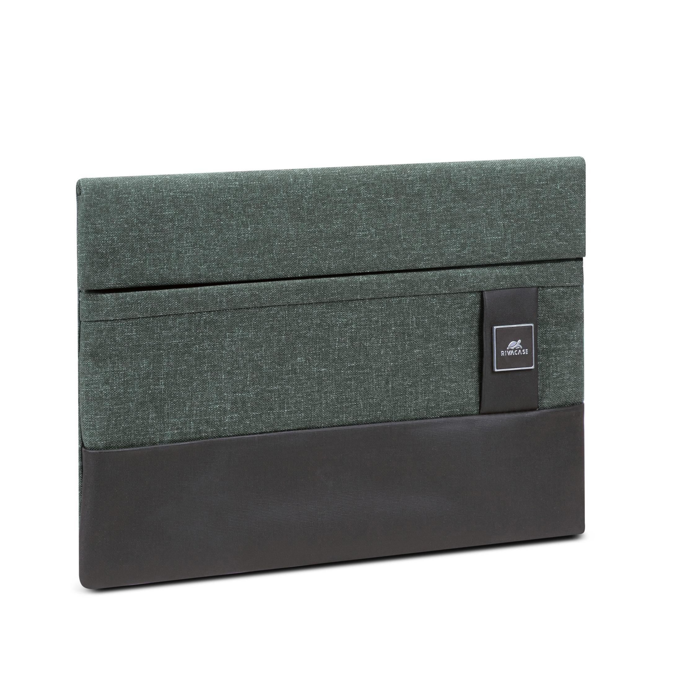 Custodia per tablet bicolore verde e grigio scuro con una striscia grigio scuro e il logo del marchio.