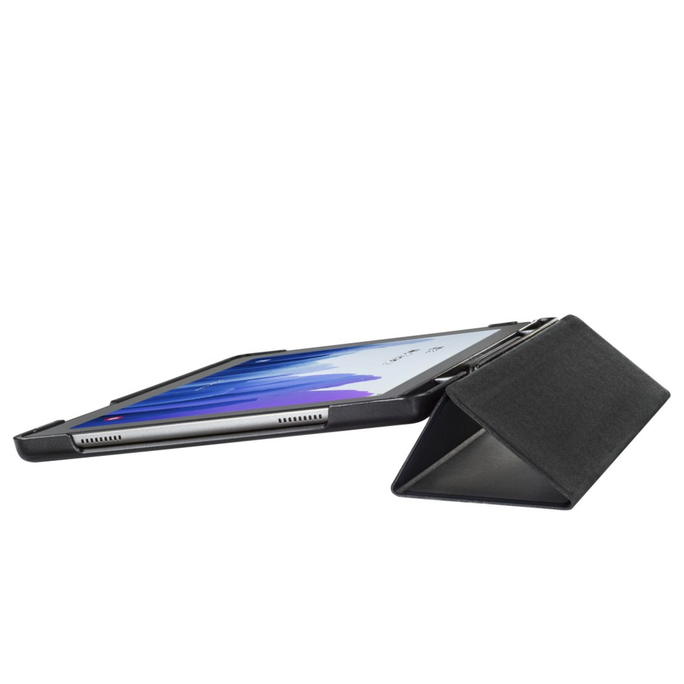 Ein Tablet in einer schwarzen Hülle, schräg aufgestellt.