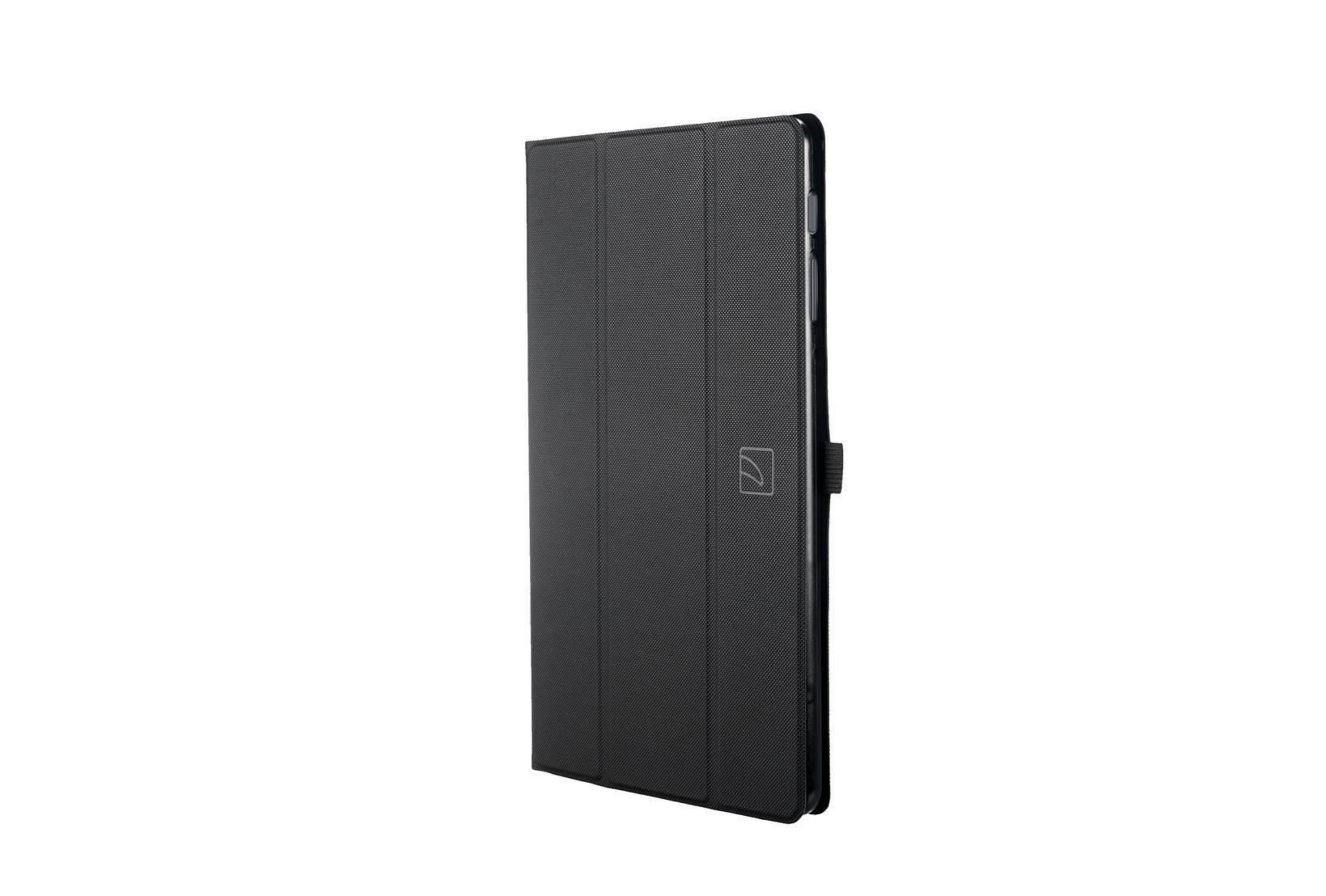 Schwarze Tablethülle geschlossen, isoliert auf weißem Hintergrund.