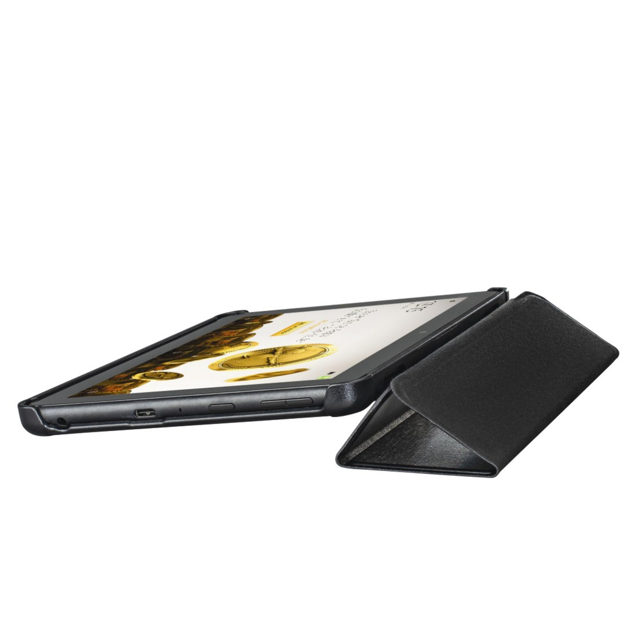 Tablet mit schwarzem Etui, aufgestellt. Display zeigt Goldmünze und Hintergrund.
