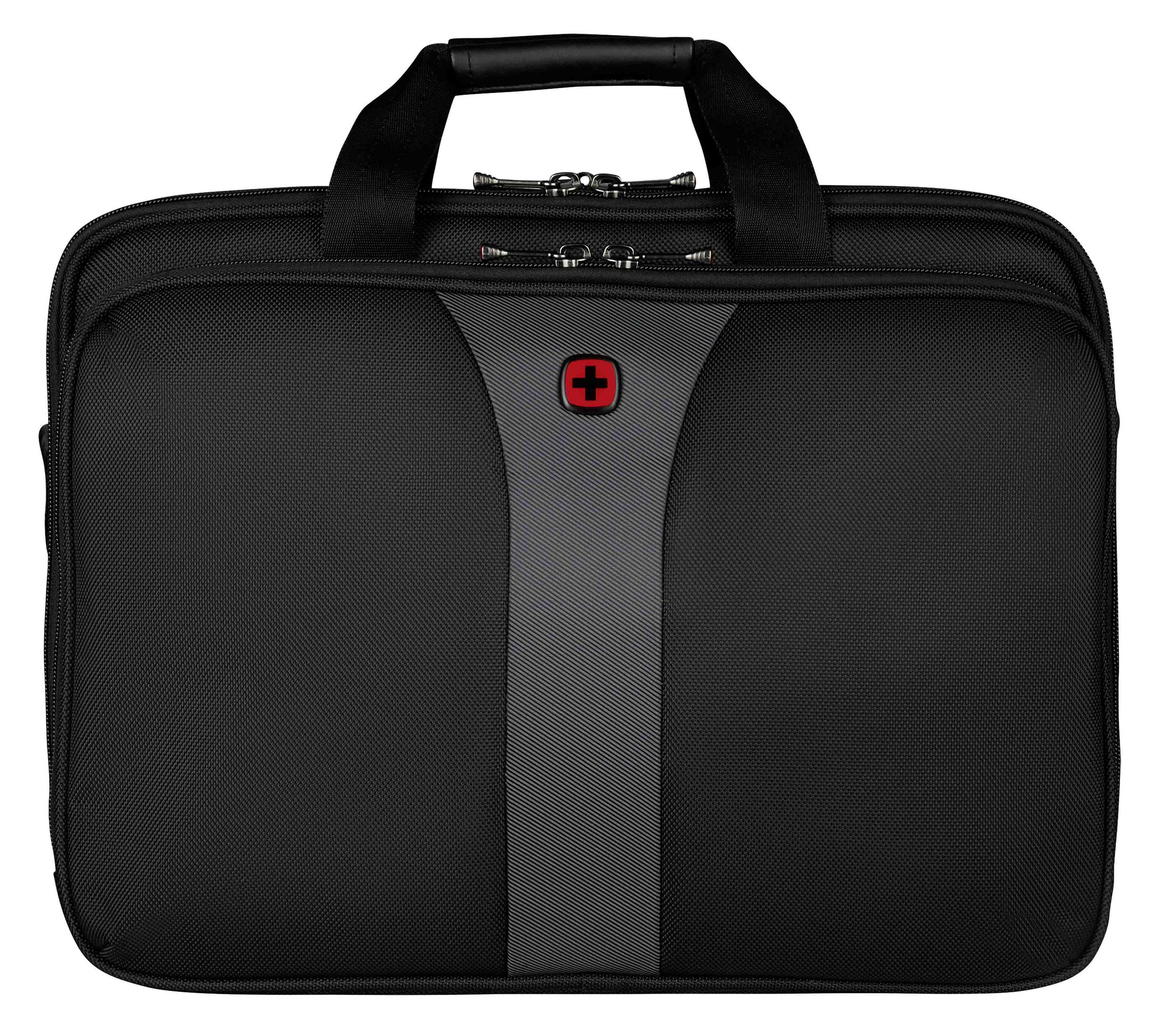 Schwarze Laptoptasche mit grauem Streifen und rotem Schweizer Kreuz-Logo, Griffe oben.