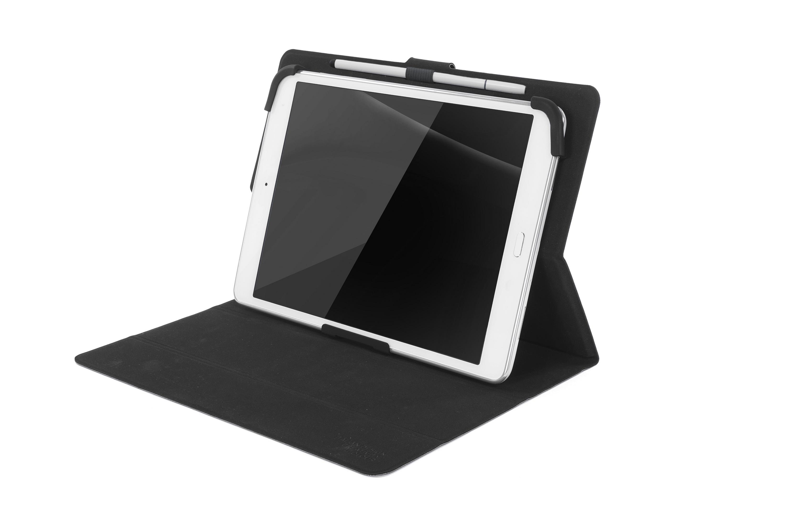 Tableta en funda negra con lápiz. La pantalla está encendida.