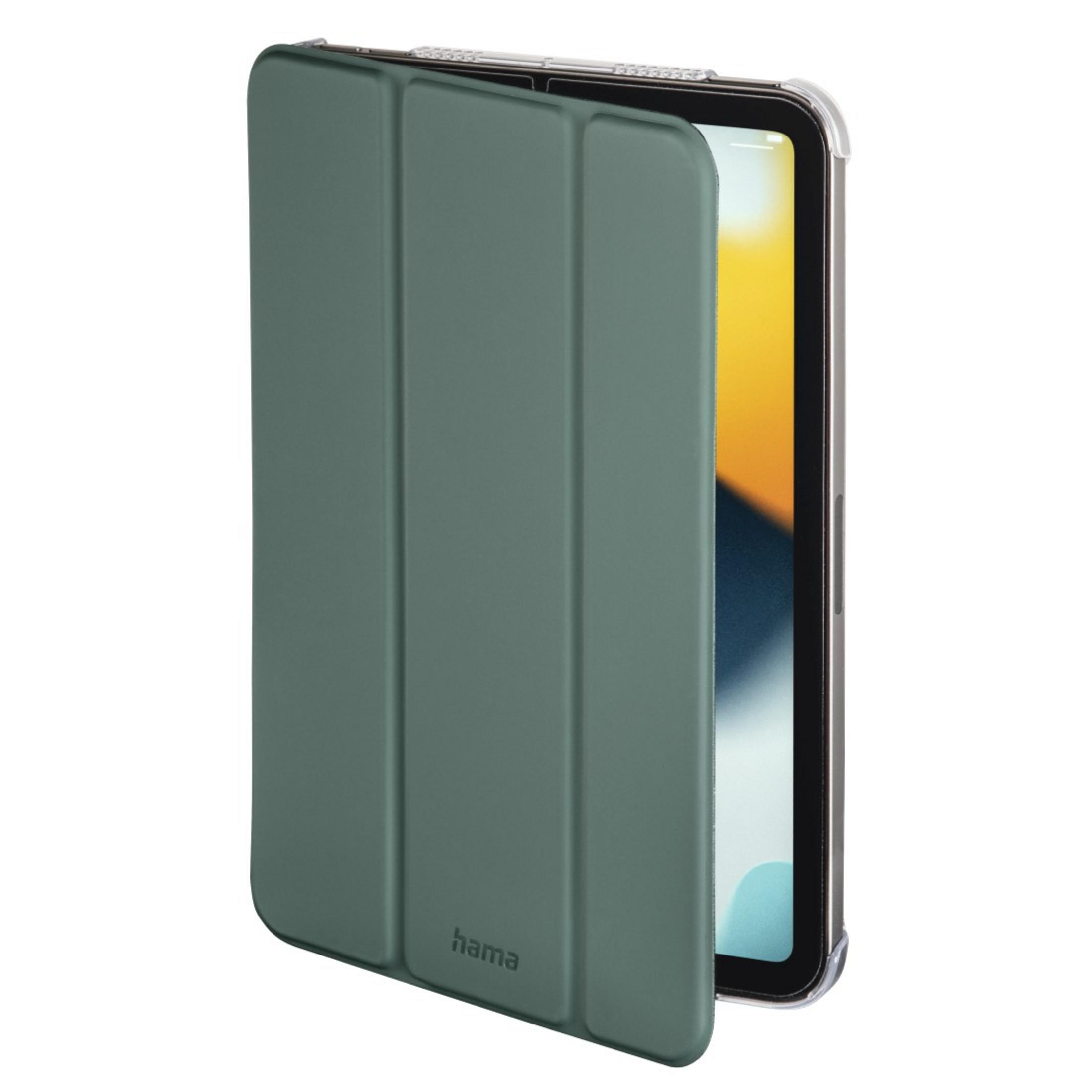 Grüne Tablethülle, geöffnet, um Tablet zu zeigen. Das Tablet ist sichtbar.