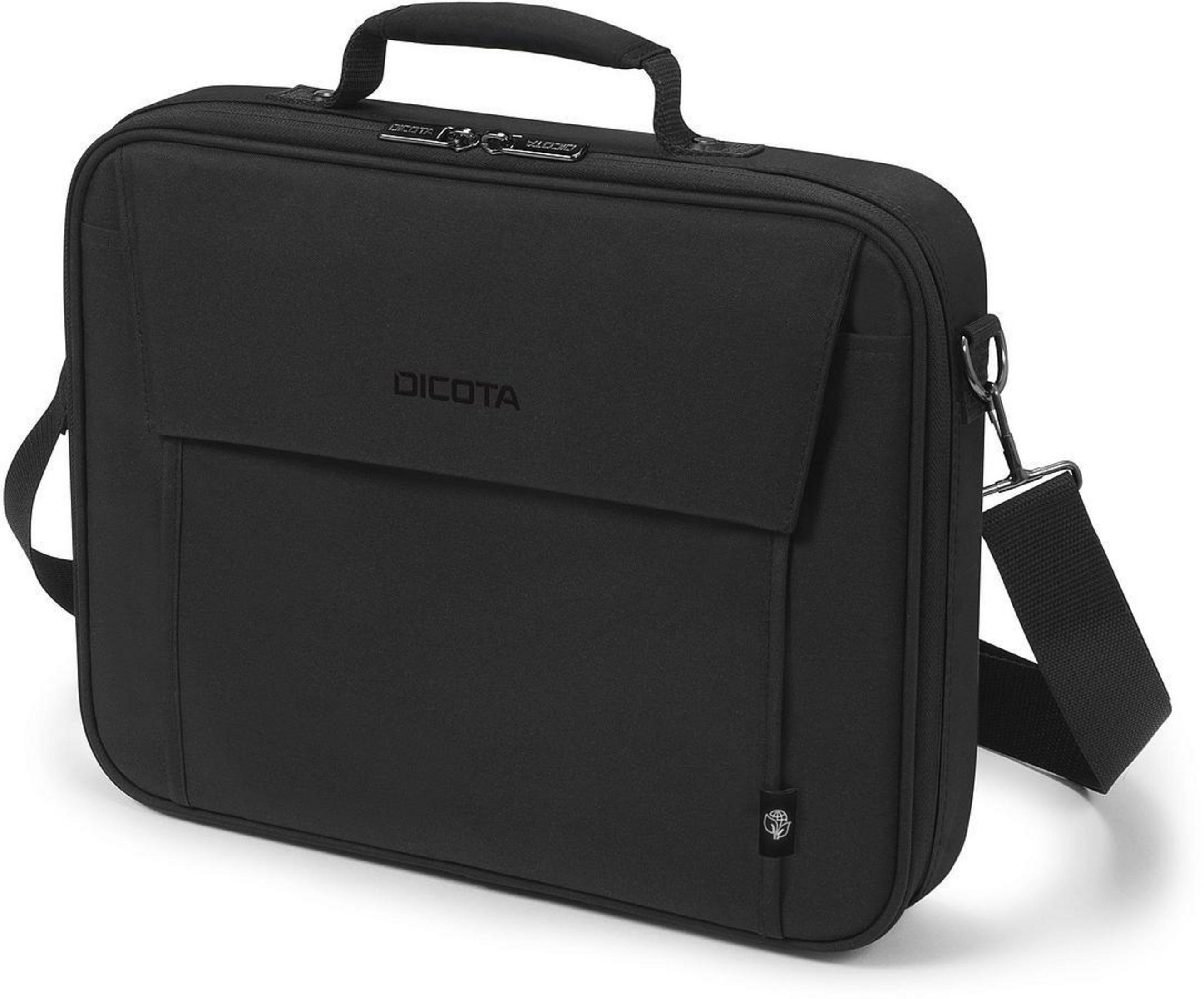 Borsa per laptop Dicota nera con maniglia, tracolla e tasca frontale.