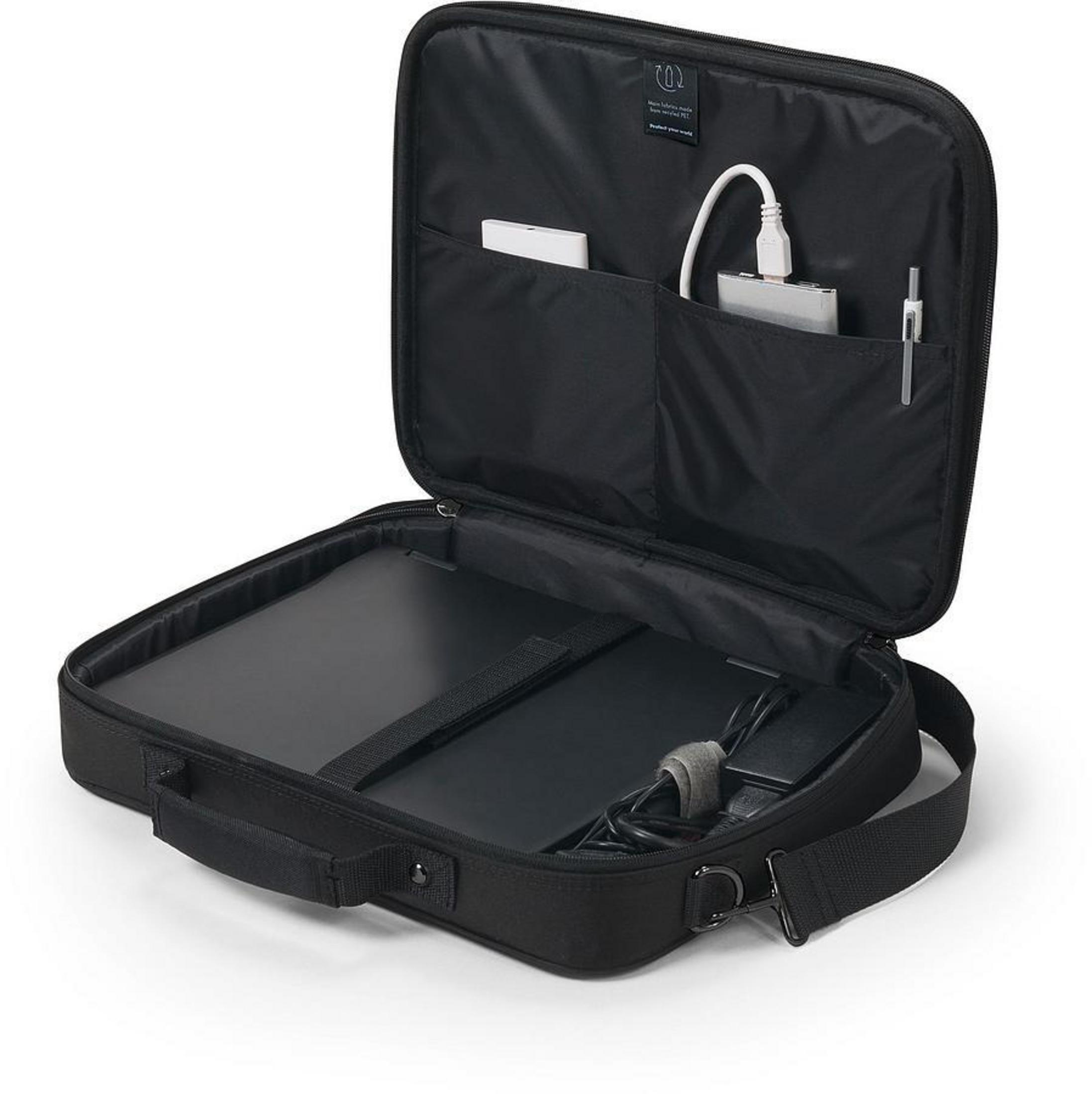 Borsa per laptop nera aperta. All'interno ci sono un laptop, un caricabatterie e accessori.