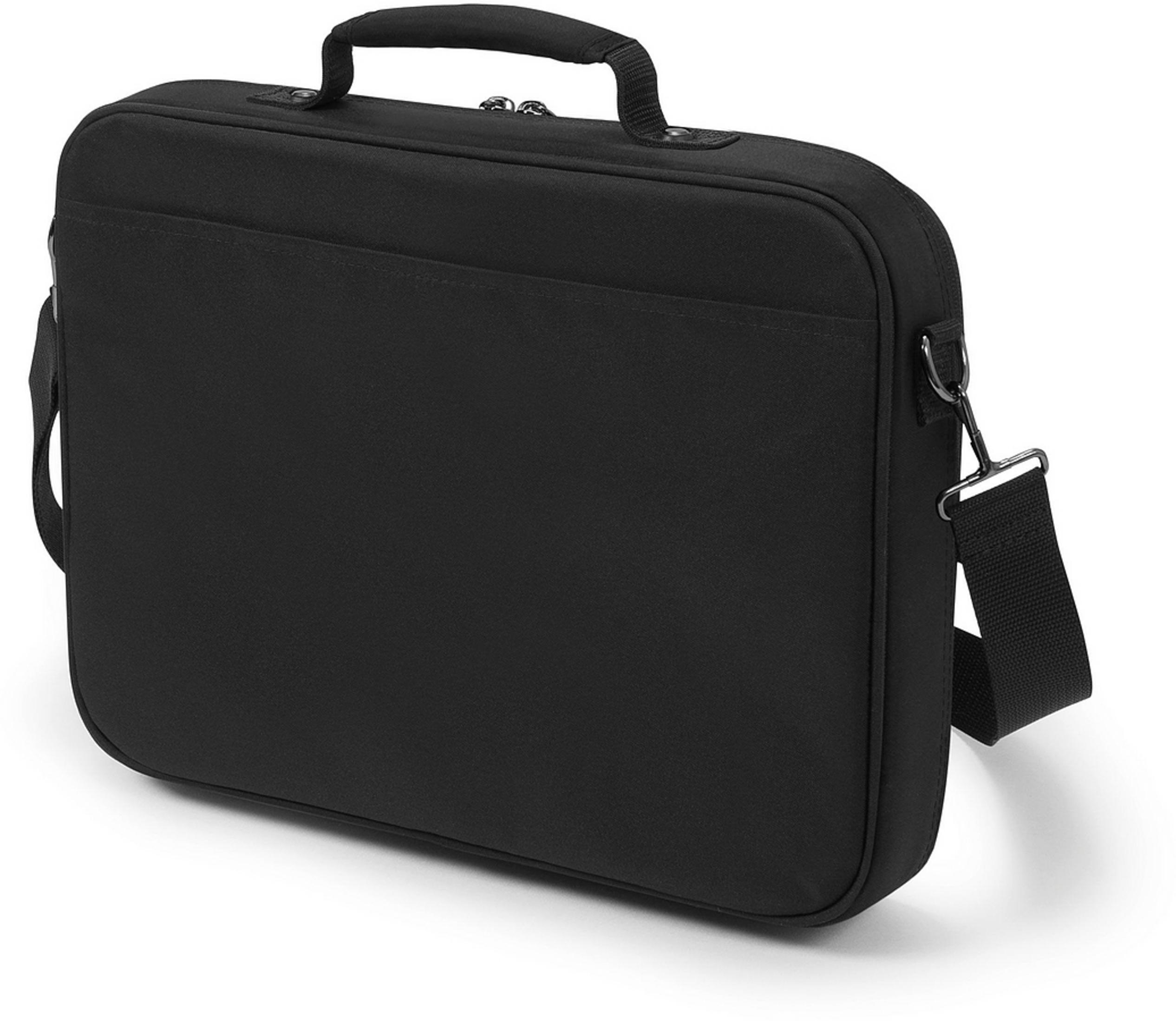 Borsa per laptop nera, forma rettangolare, con tracolla e maniglia.