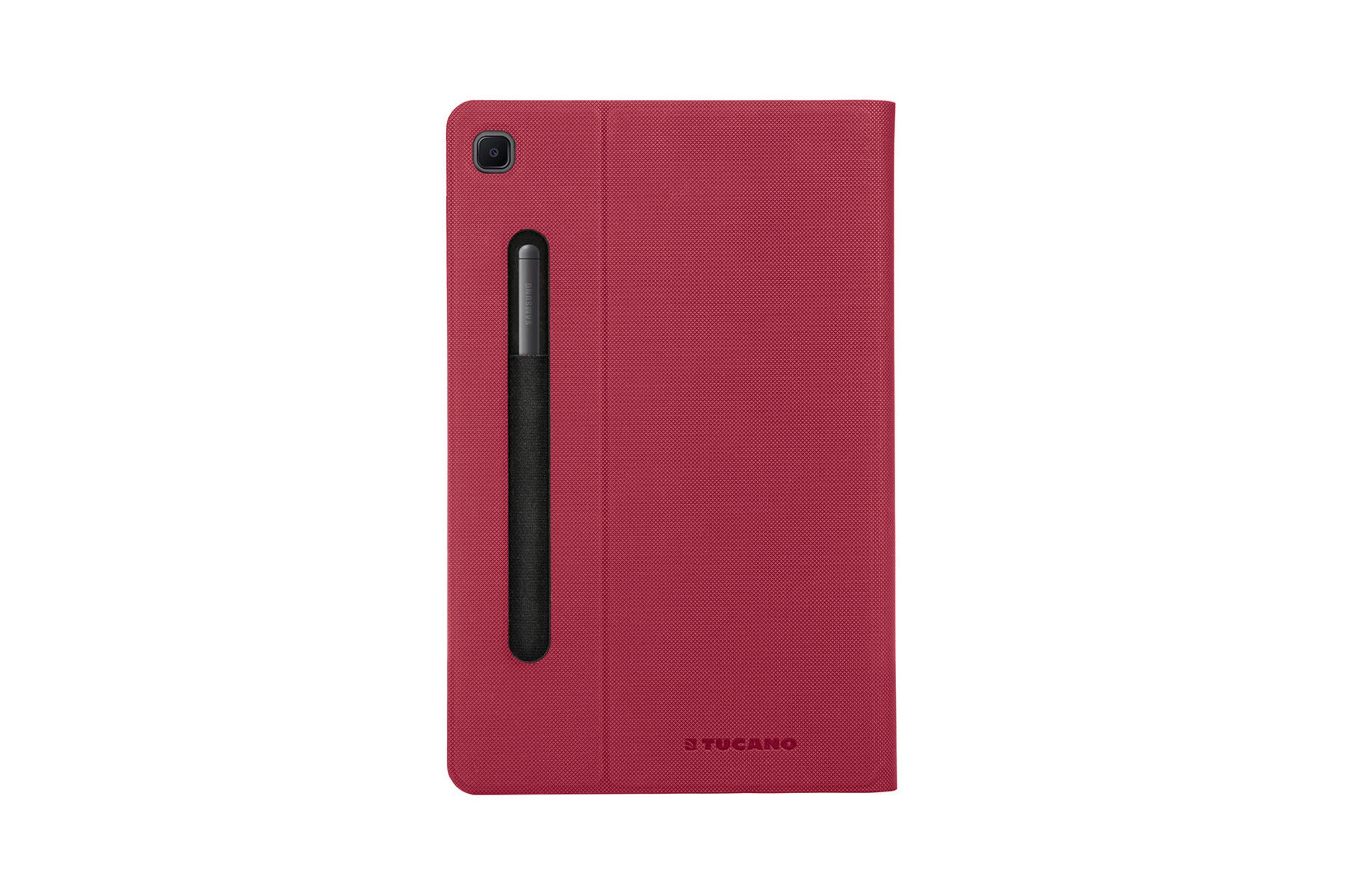 Funda de tableta roja con ranura para bolígrafo, tableta dentro con lápiz.