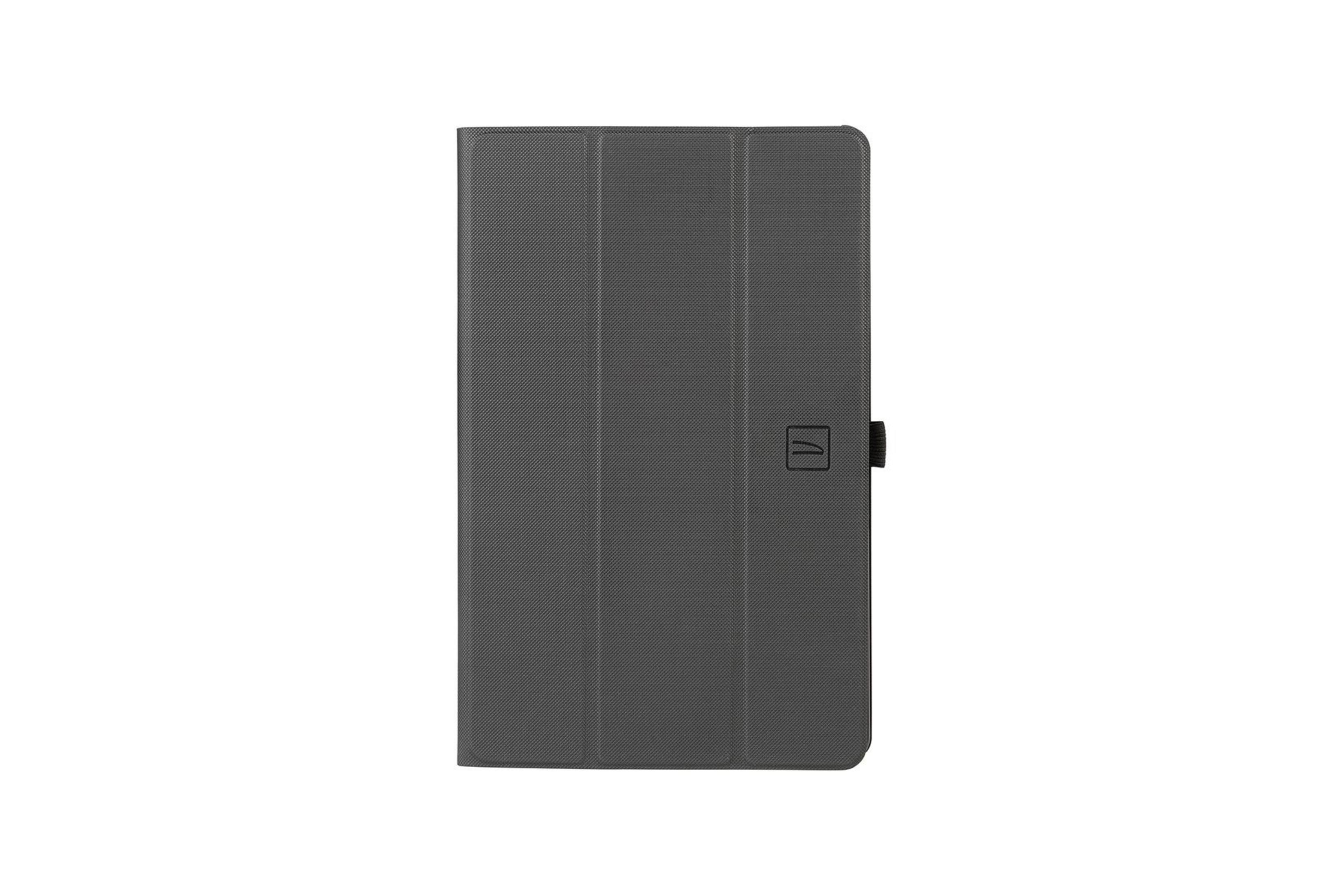 Dunkelgraue Tablet-Hülle geschlossen, mit vertikalen Linien und Logo. Weißer Hintergrund.
