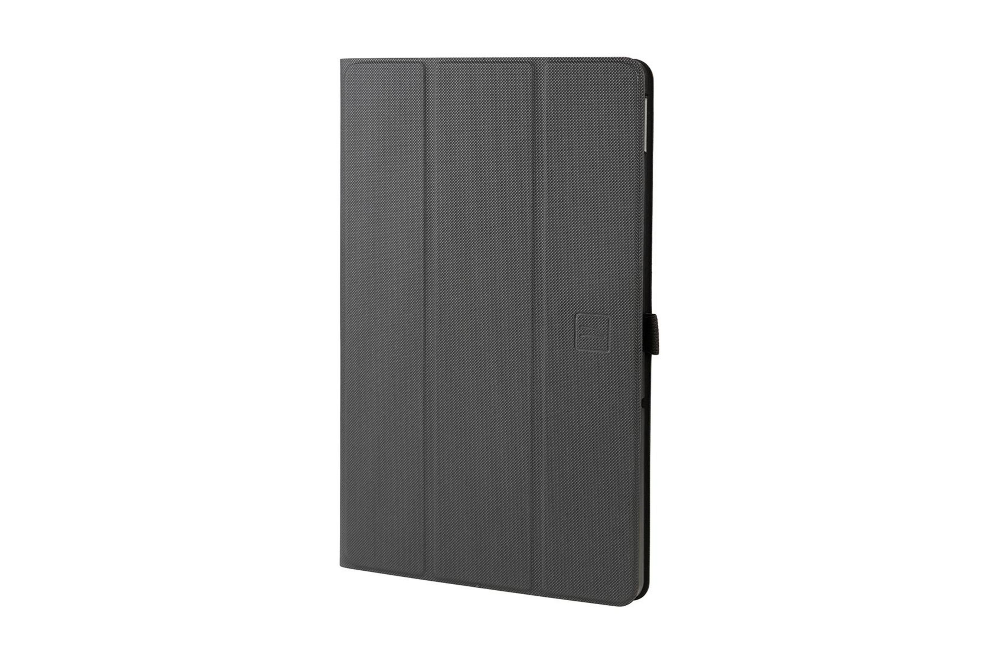 Eine graue Tablethülle ist geschlossen, auf weißem Hintergrund.