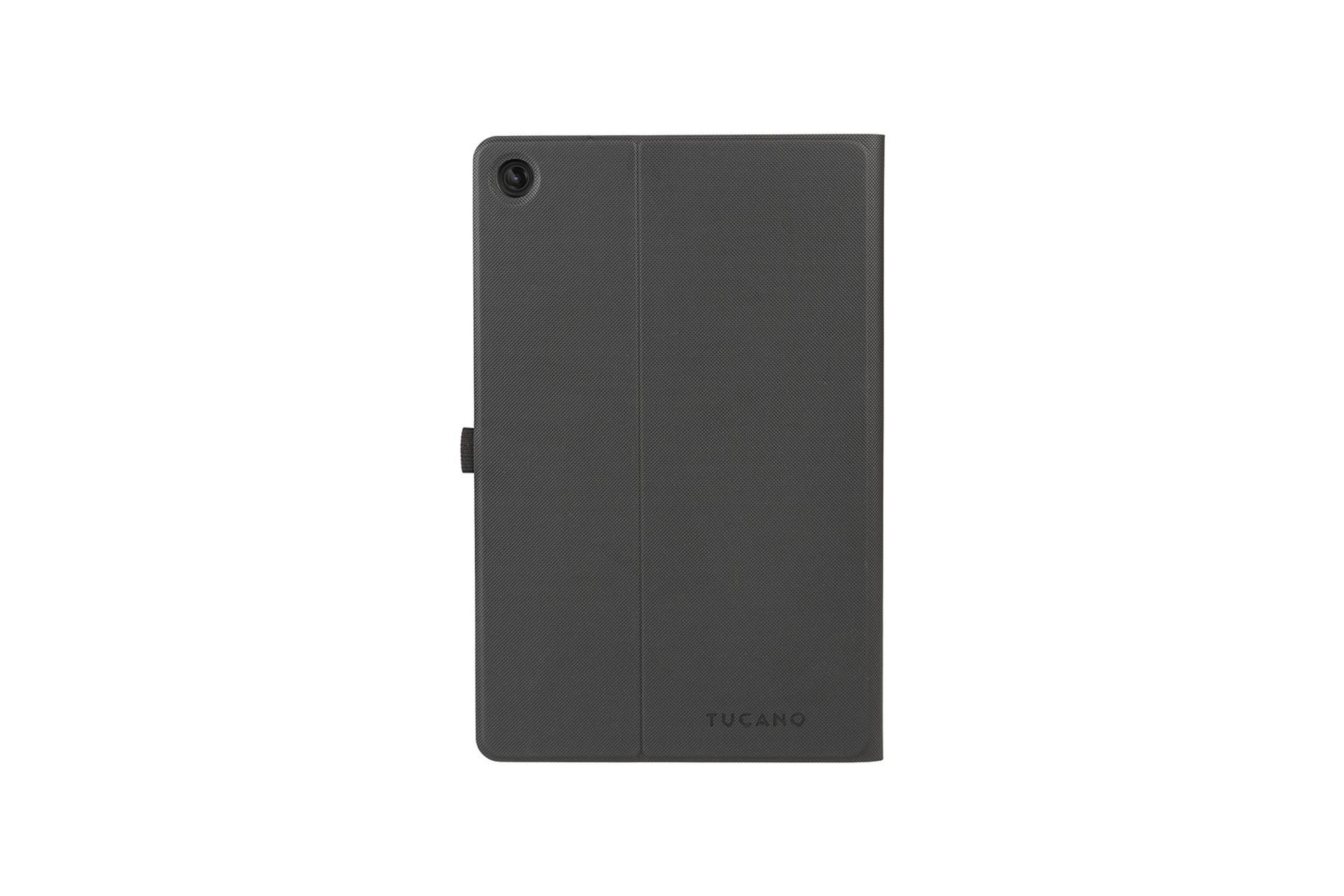 Tablet in einer grauen geschlossenen Hülle. Das Tucano-Logo ist unten sichtbar.