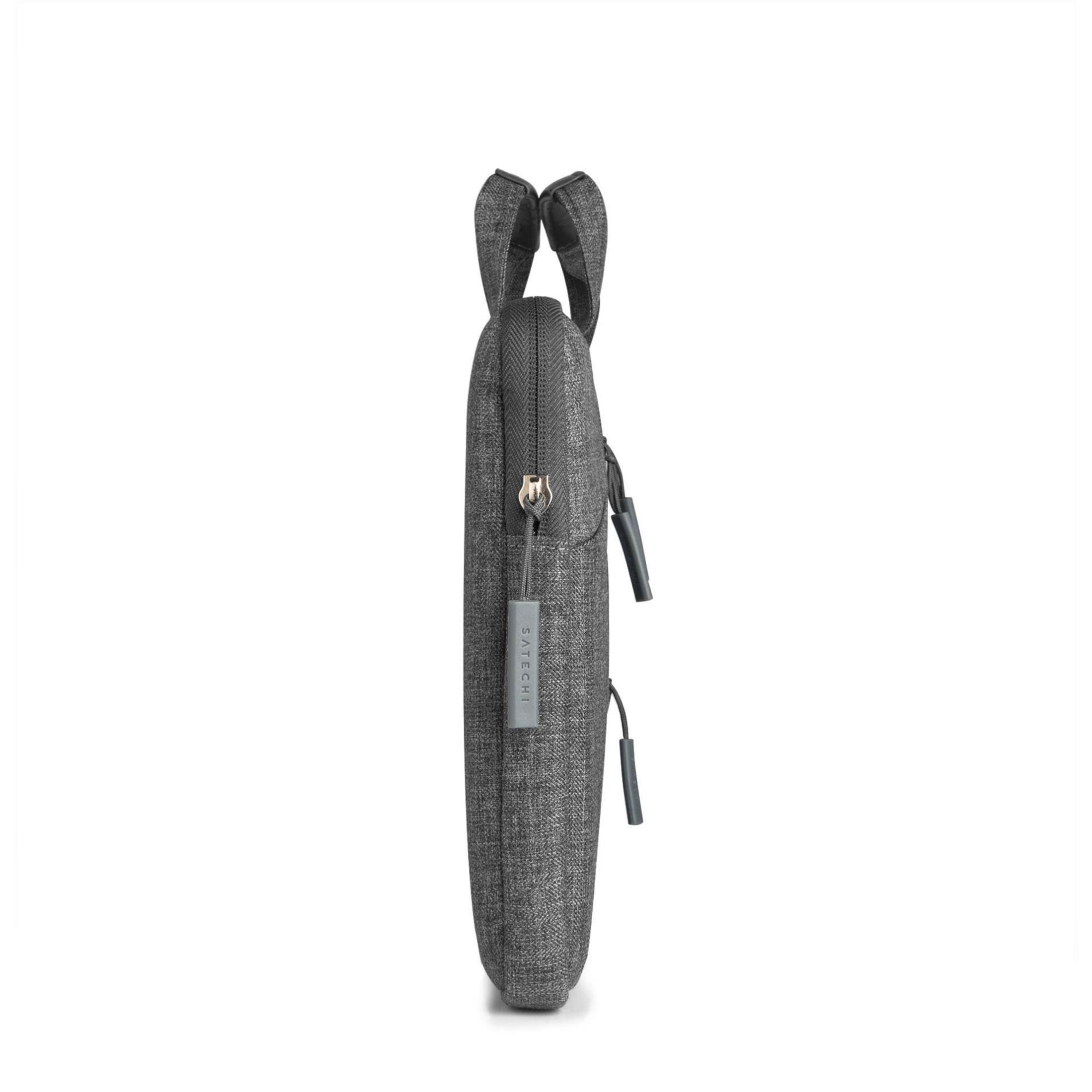 Custodia per laptop in tessuto grigio con maniglia e cerniera. Lo sfondo è bianco.