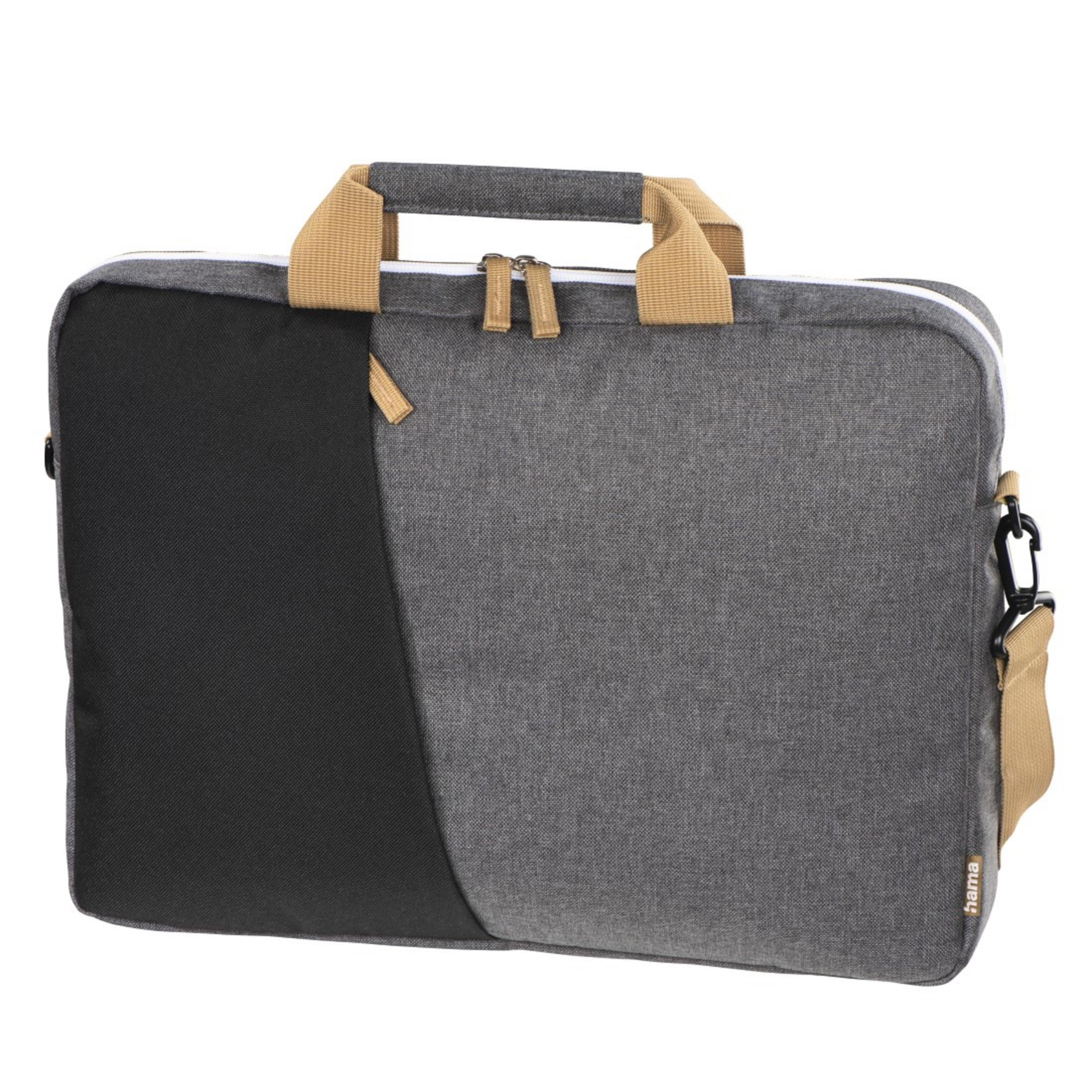 Borsa per laptop grigia e nera con manici marroni e tracolla. Il marchio 'hama' è visibile.