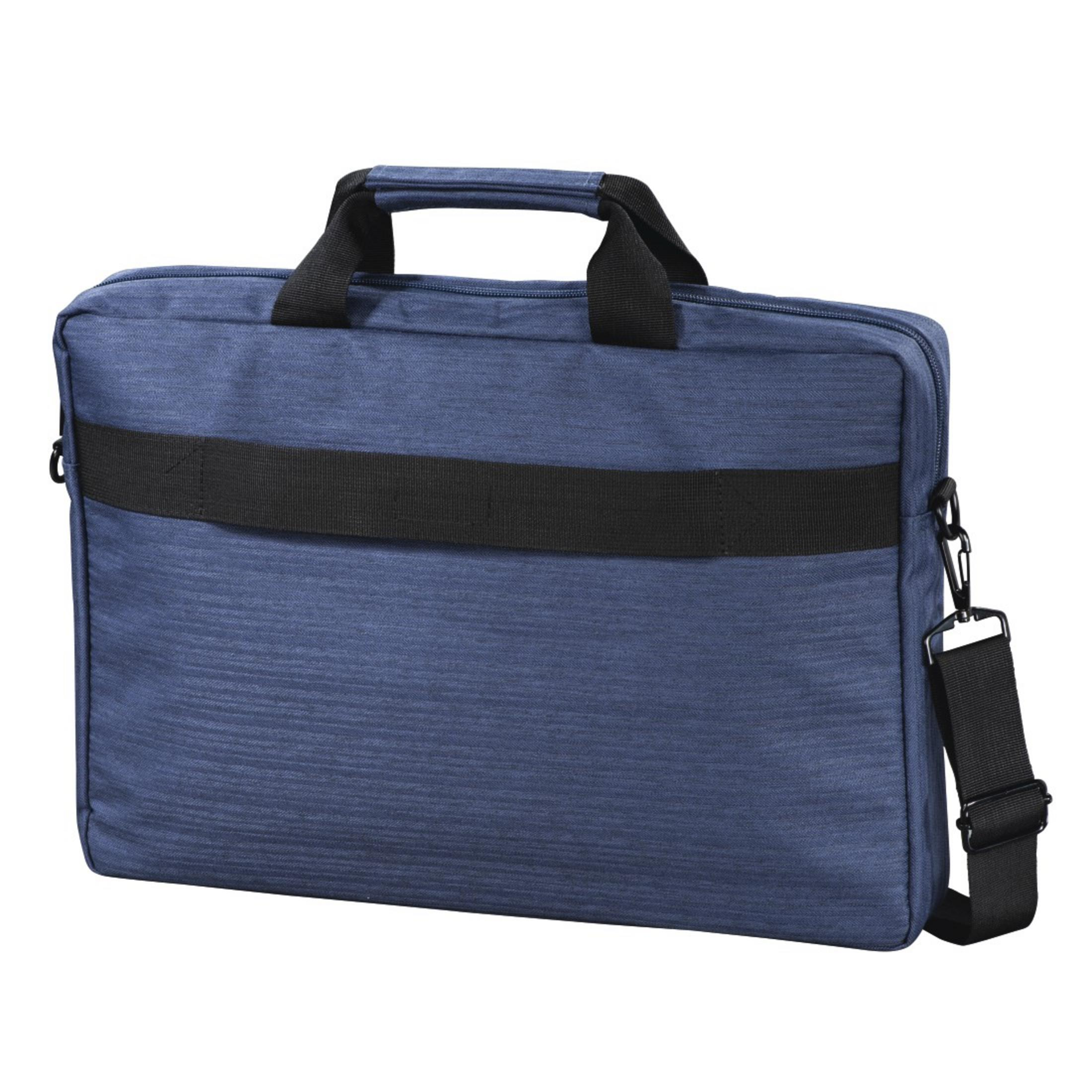 Blaue Laptoptasche mit schwarzem Gurt und Griff. Weißer Hintergrund.