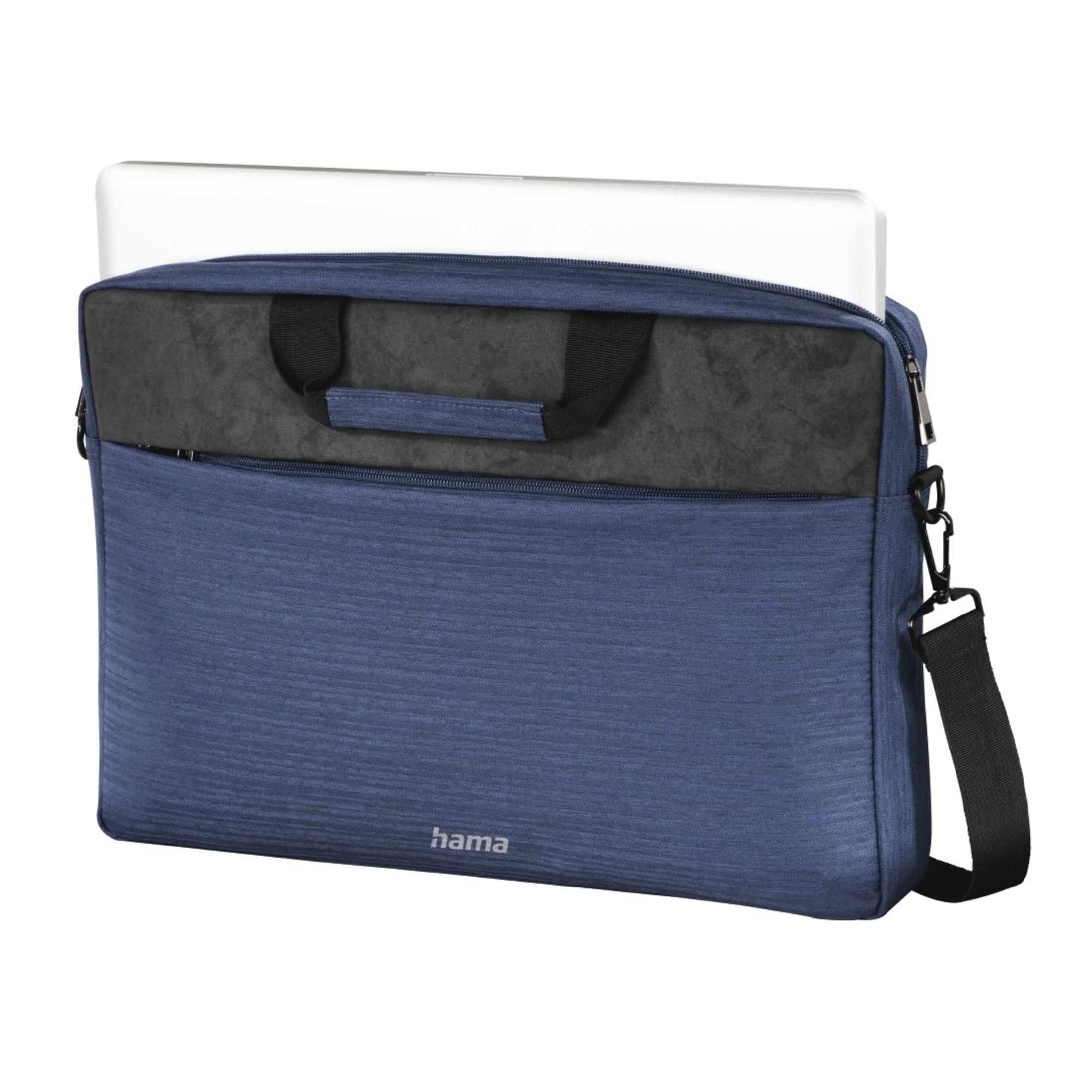 Blaue Laptoptasche mit Griff und Schultergurt. Ein weißer Laptop schaut heraus.