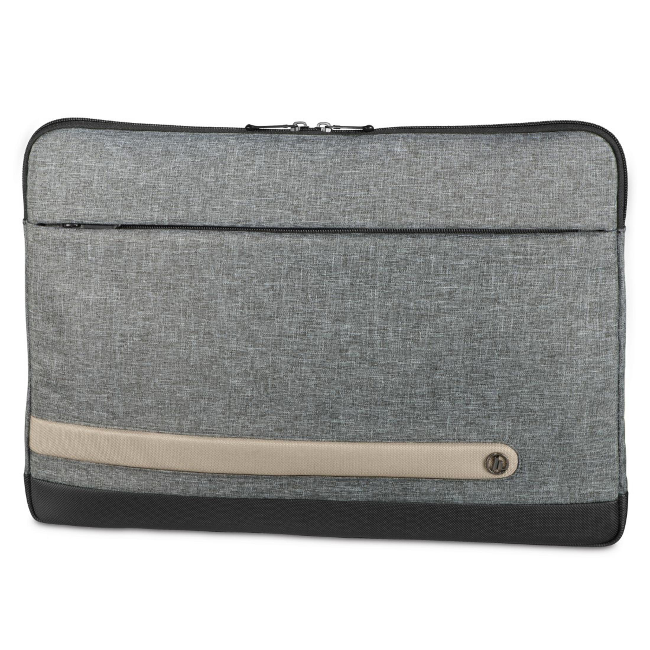 Custodia grigia per laptop con striscia beige. Chiusura con zip e base nera.