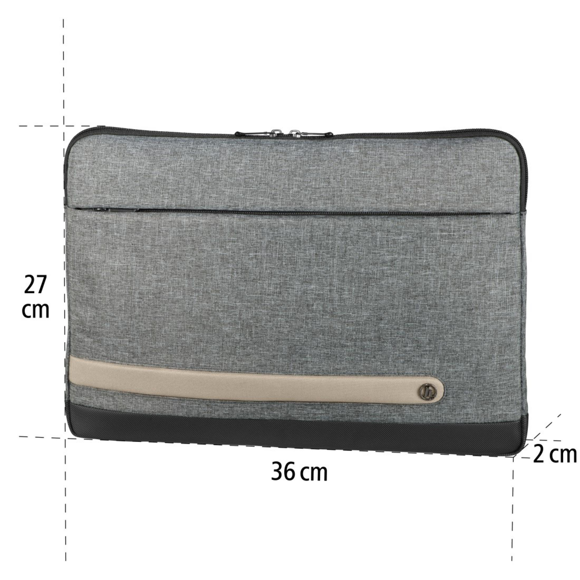 Custodia grigia per laptop con dimensioni, striscia beige, fondo nero e cerniera. Misure mostrate.