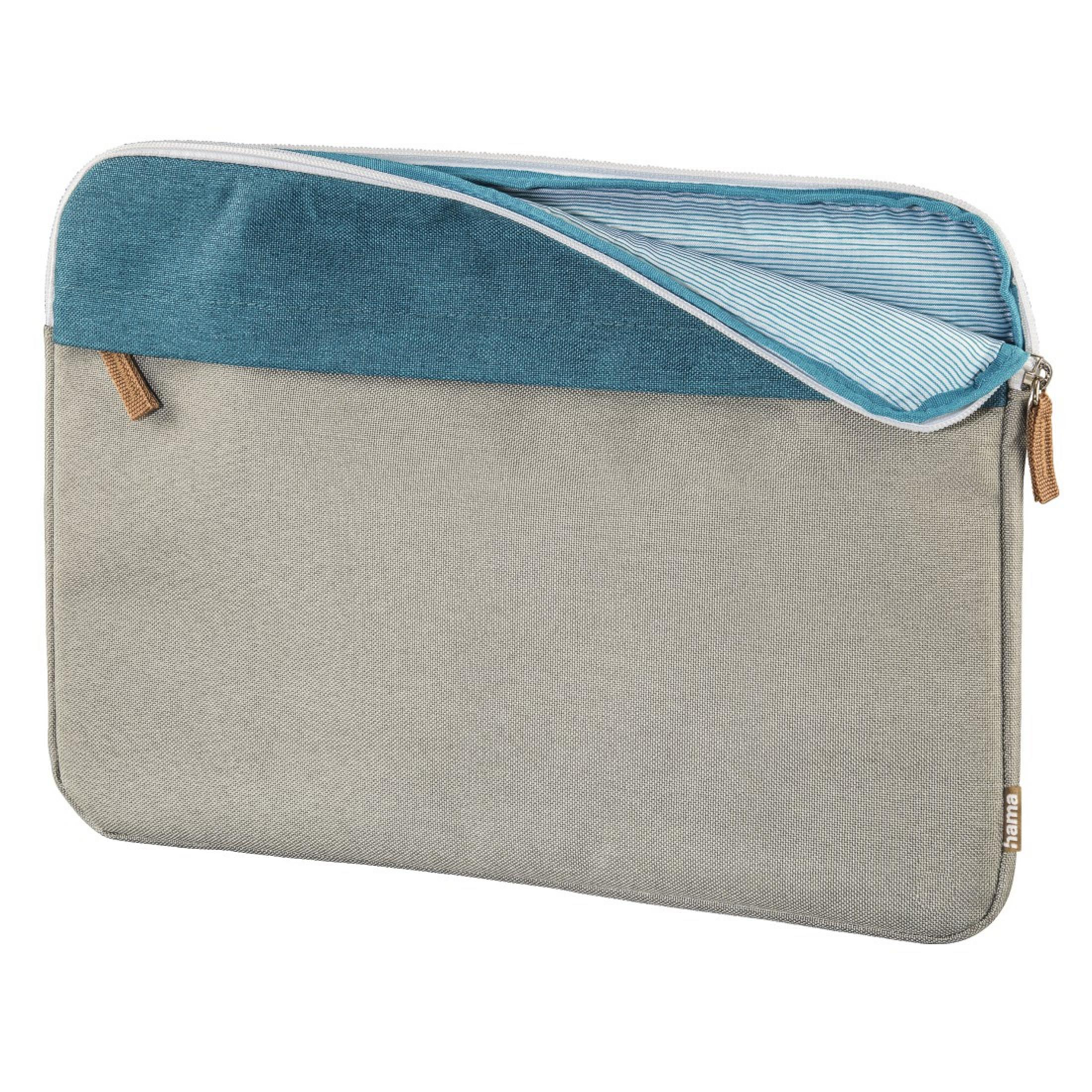 Graue und blaue Laptoptasche, geöffnet, um einen gestreiften Innenraum zu zeigen. Weißer Hintergrund.