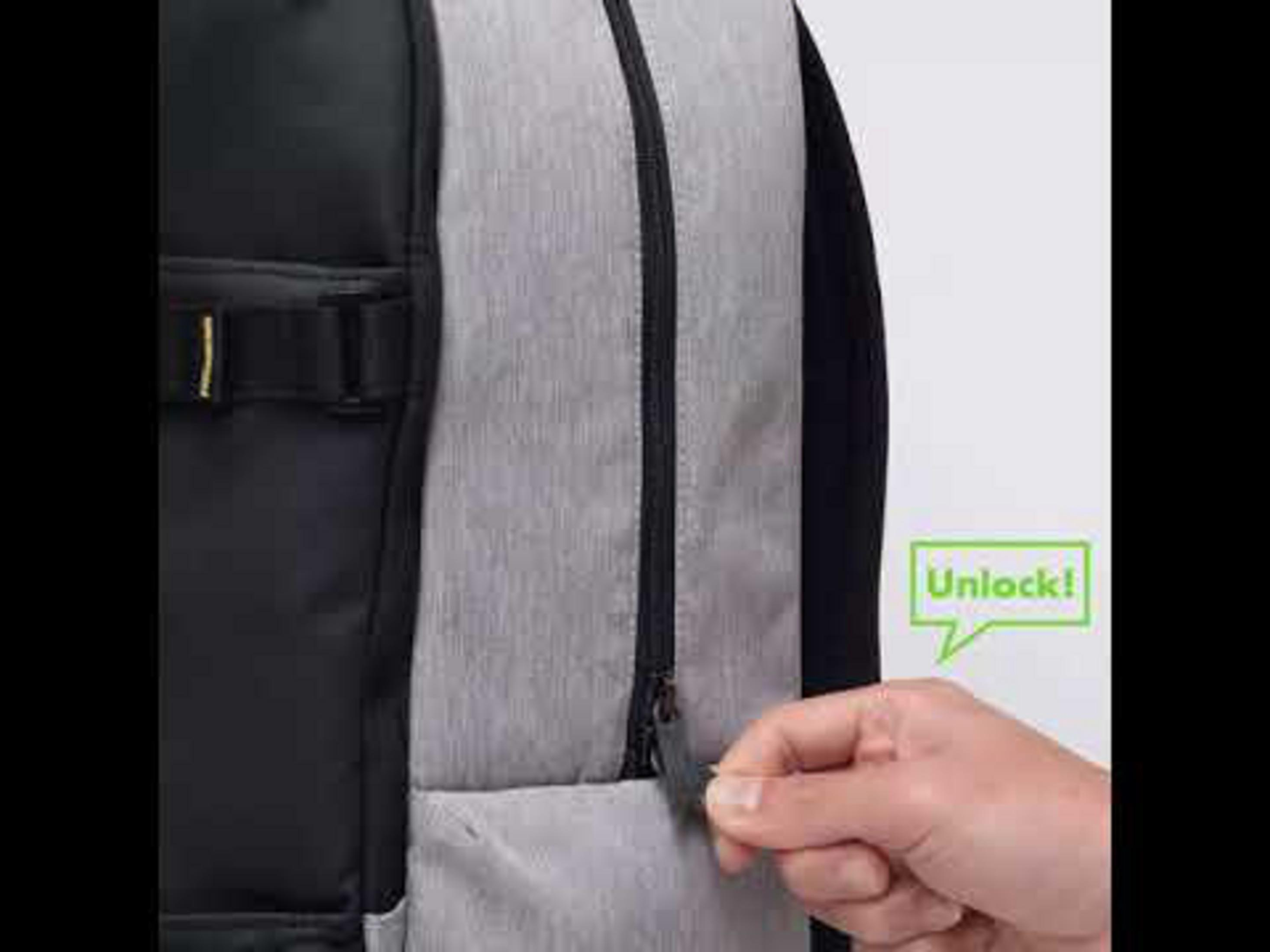 Mano che apre una cerniera su una borsa. Una nuvoletta verde dice Sblocca!