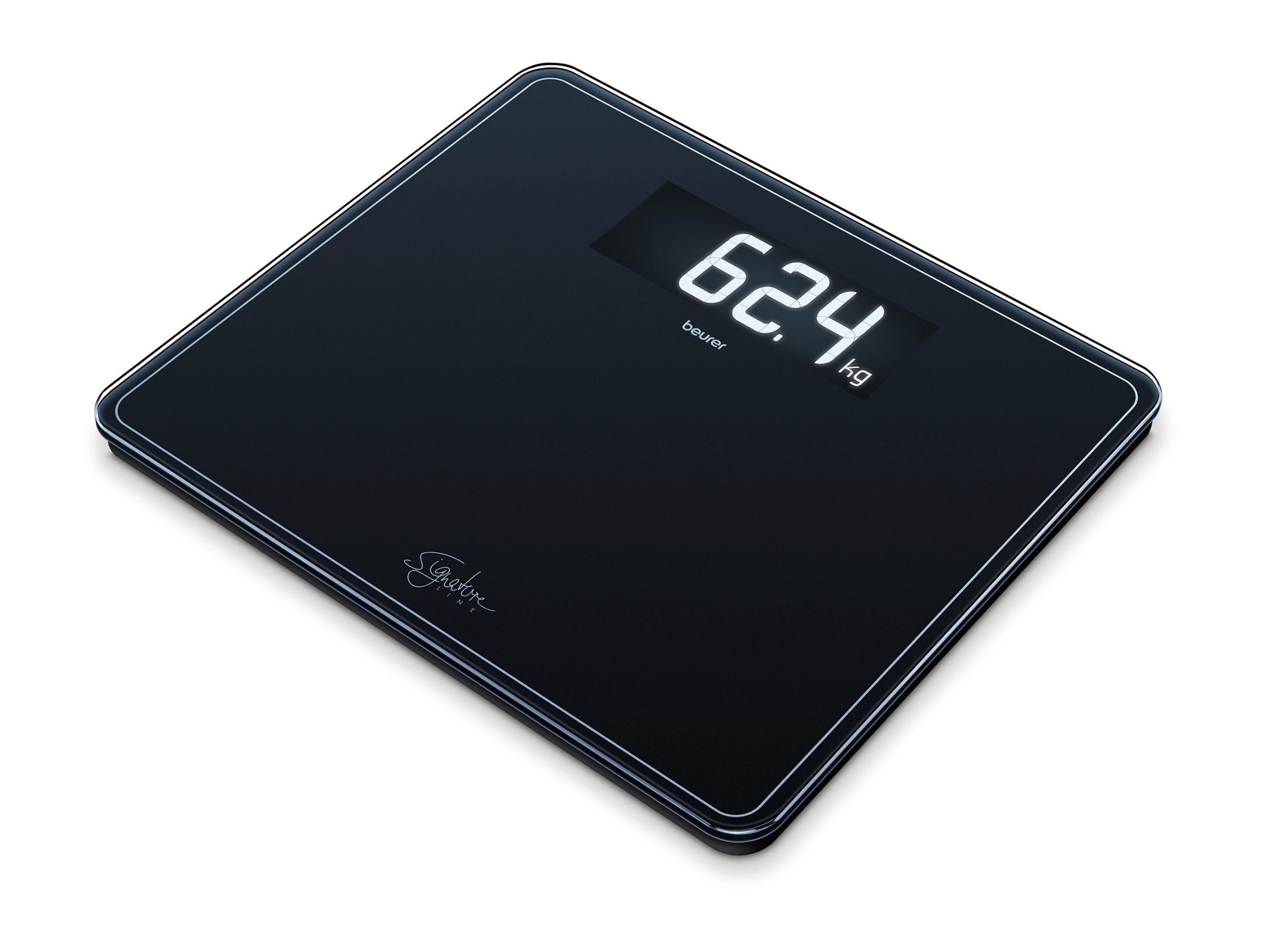 Schwarze Digitalwaage mit der angezeigten Zahl 62,4 kg.