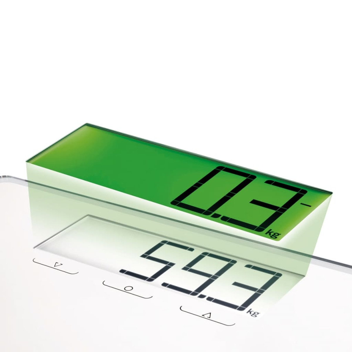 Bilancia digitale che mostra 59,3 kg e un display verde sopra.