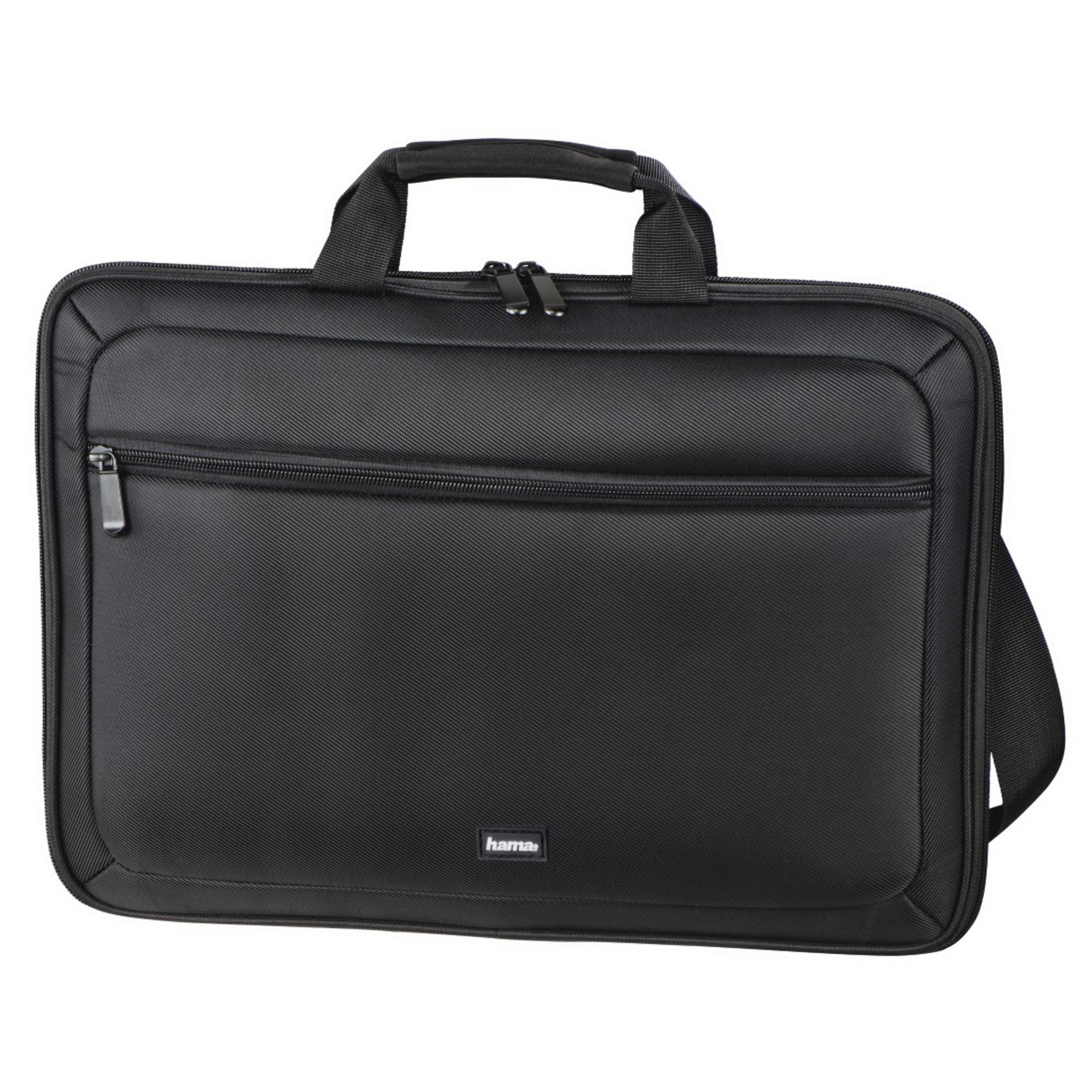 Una borsa nera per laptop con manico e tracolla. Ha una tasca frontale con cerniera.
