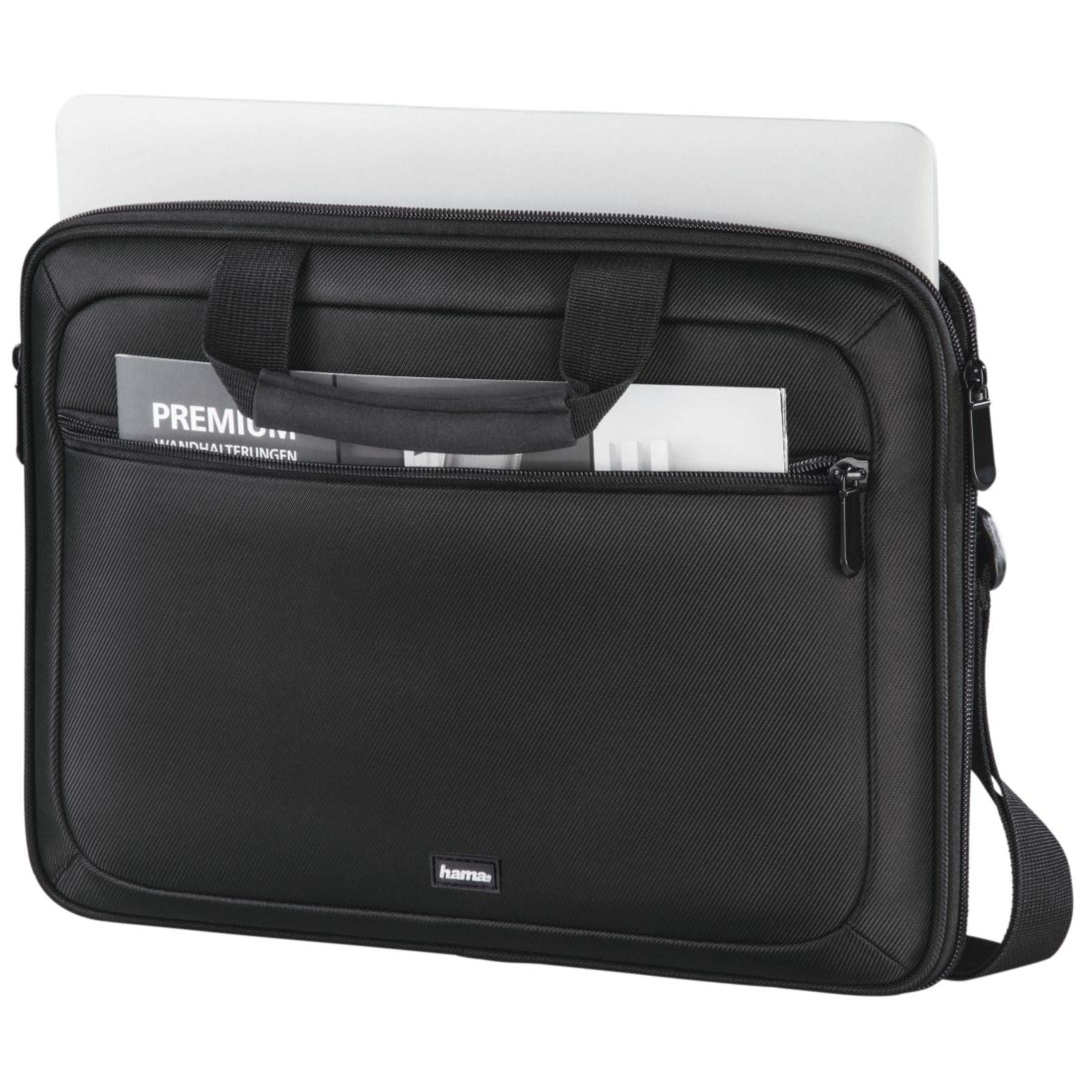 Borsa nera per laptop con laptop all'interno, manico e tasca anteriore con oggetti.