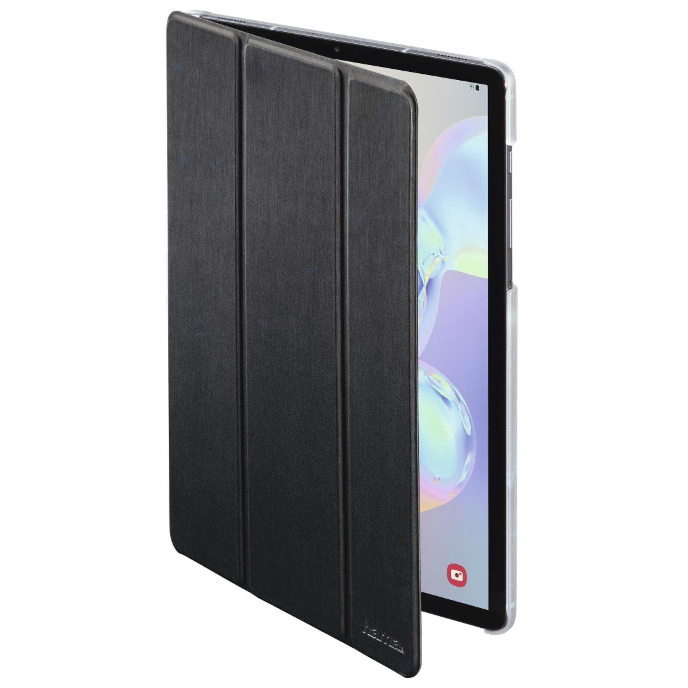 Schwarze Tablethülle, teilweise geöffnet, Tablet sichtbar. Weißer Hintergrund.