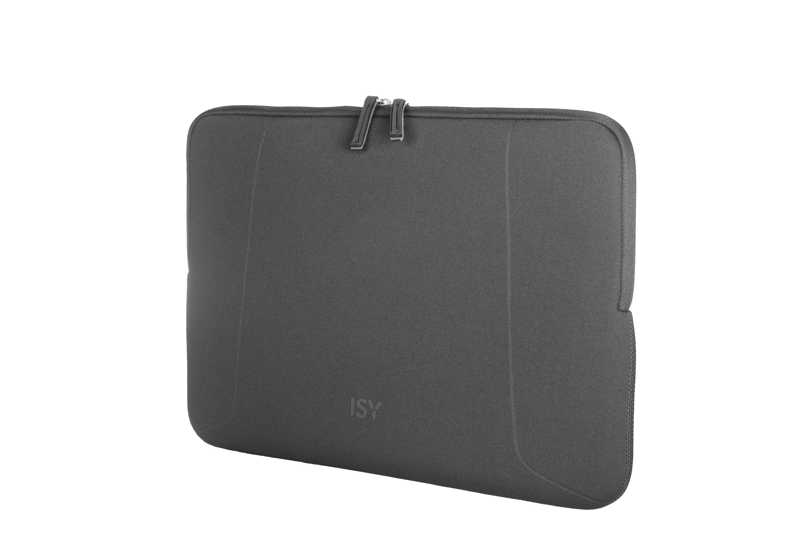 Eine schwarze Laptoptasche mit Reißverschluss und dem 'ISY'-Logo.