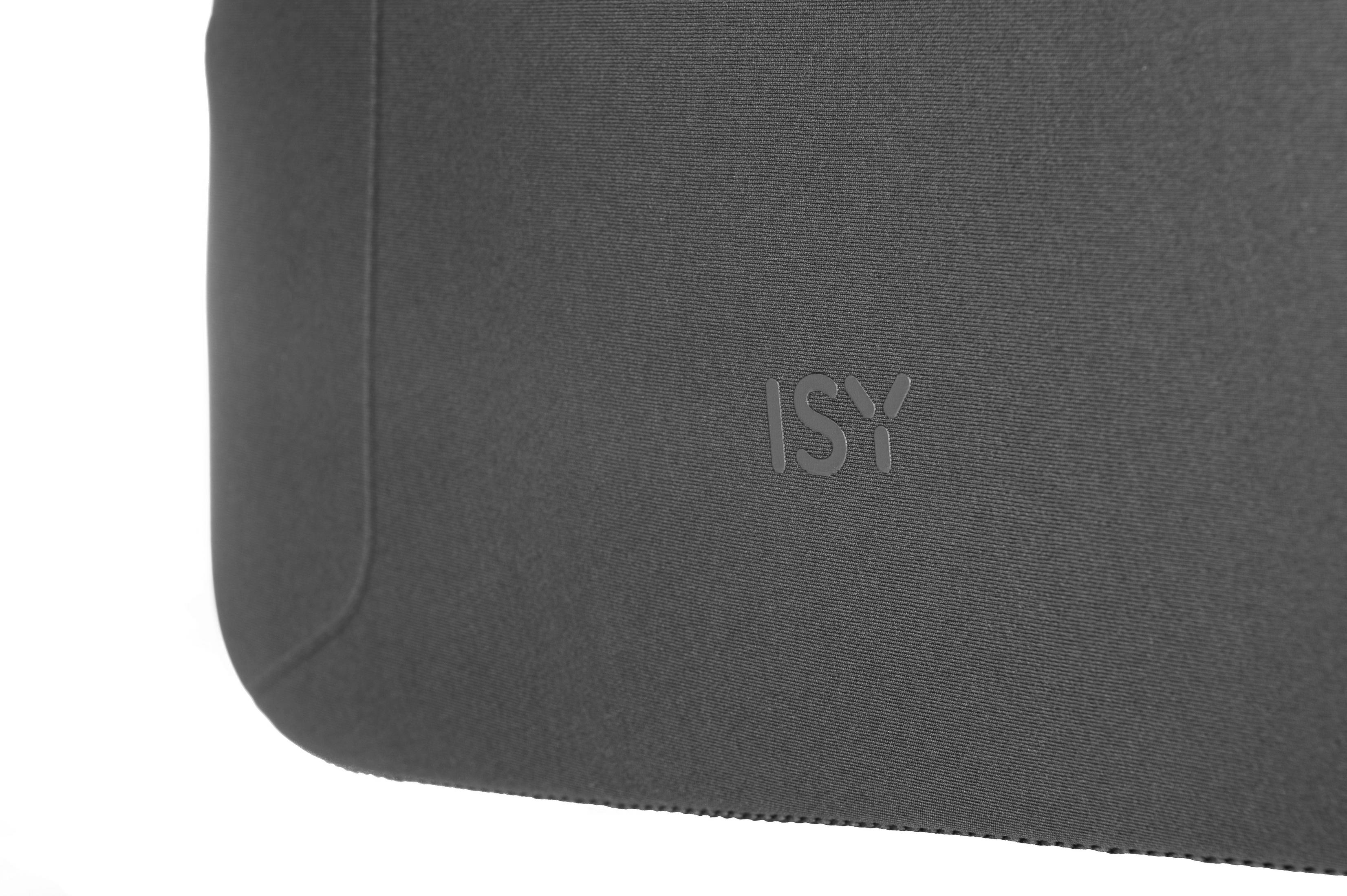 Nahaufnahme eines grauen Stoffes mit den geprägten Buchstaben 'ISY'.
