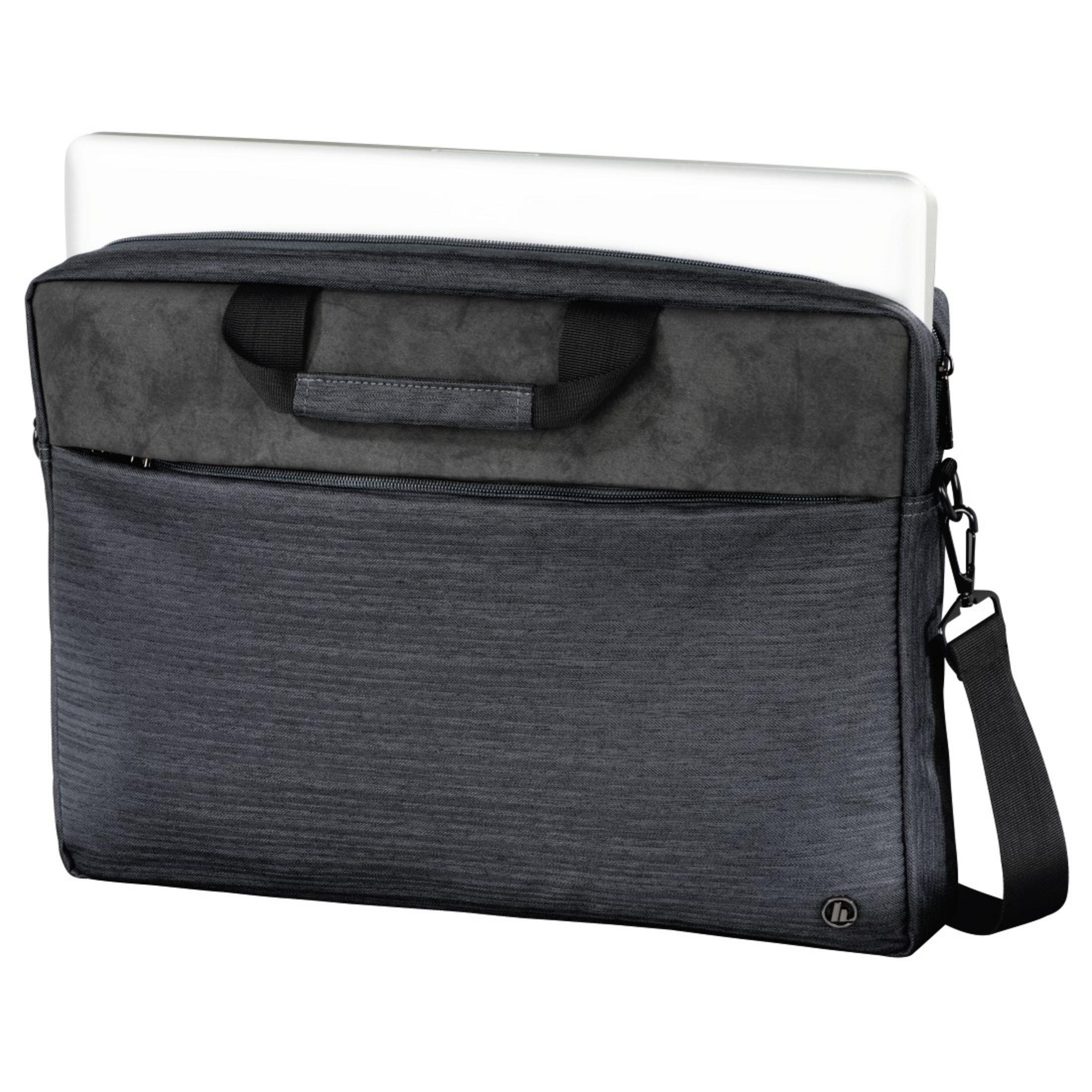 Eine schwarze Laptoptasche mit einem Laptop darin. Die Tasche ist offen und hat einen Schultergurt.
