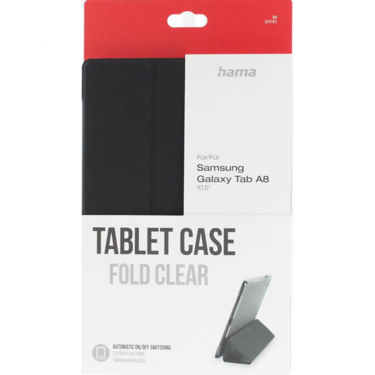 Opakowanie etui na tablet, pokazane czarne etui, z tekstem: Tablet Case Fold Clear.