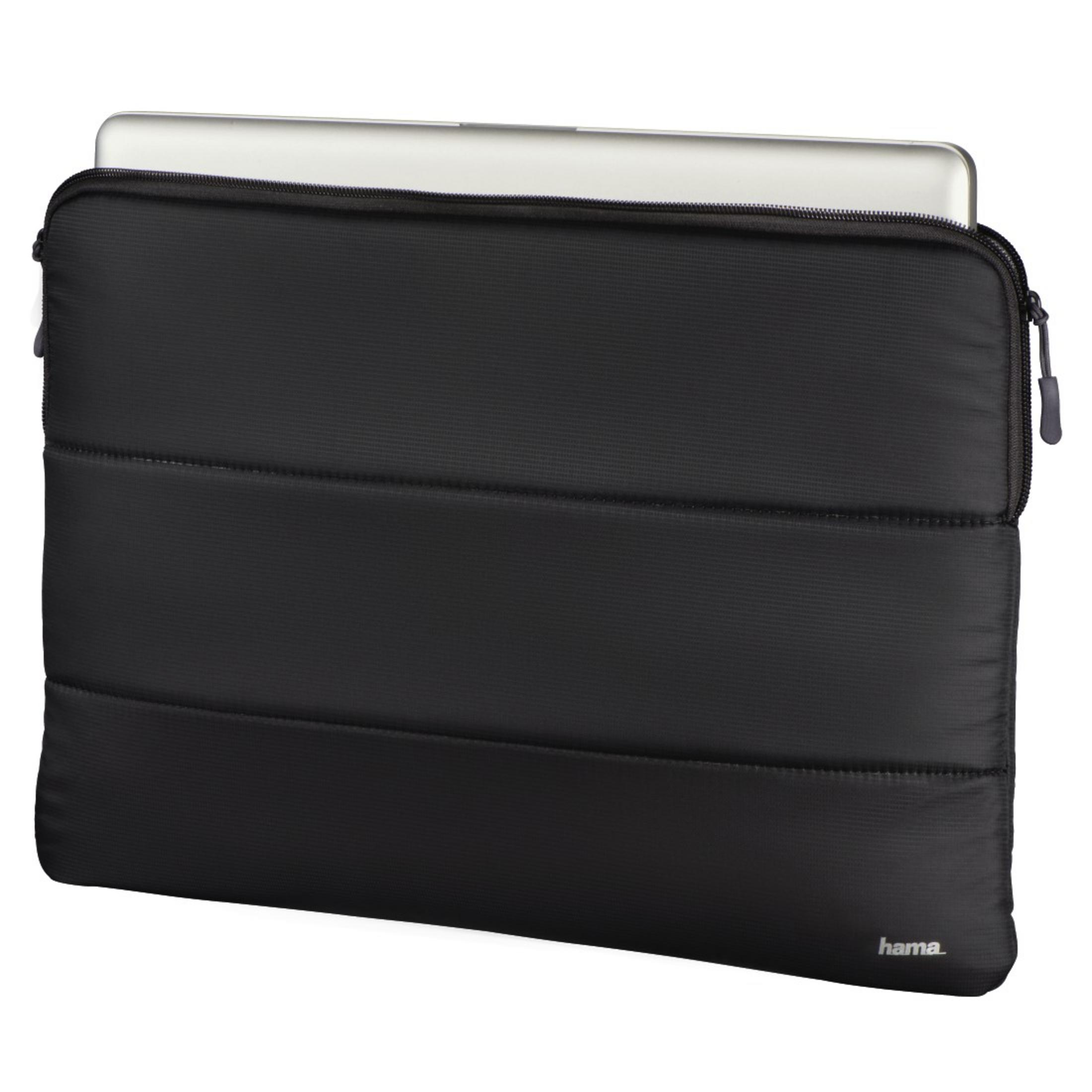 Schwarze Laptoptasche, gepolstert mit Reißverschluss, hält einen silbernen Laptop.