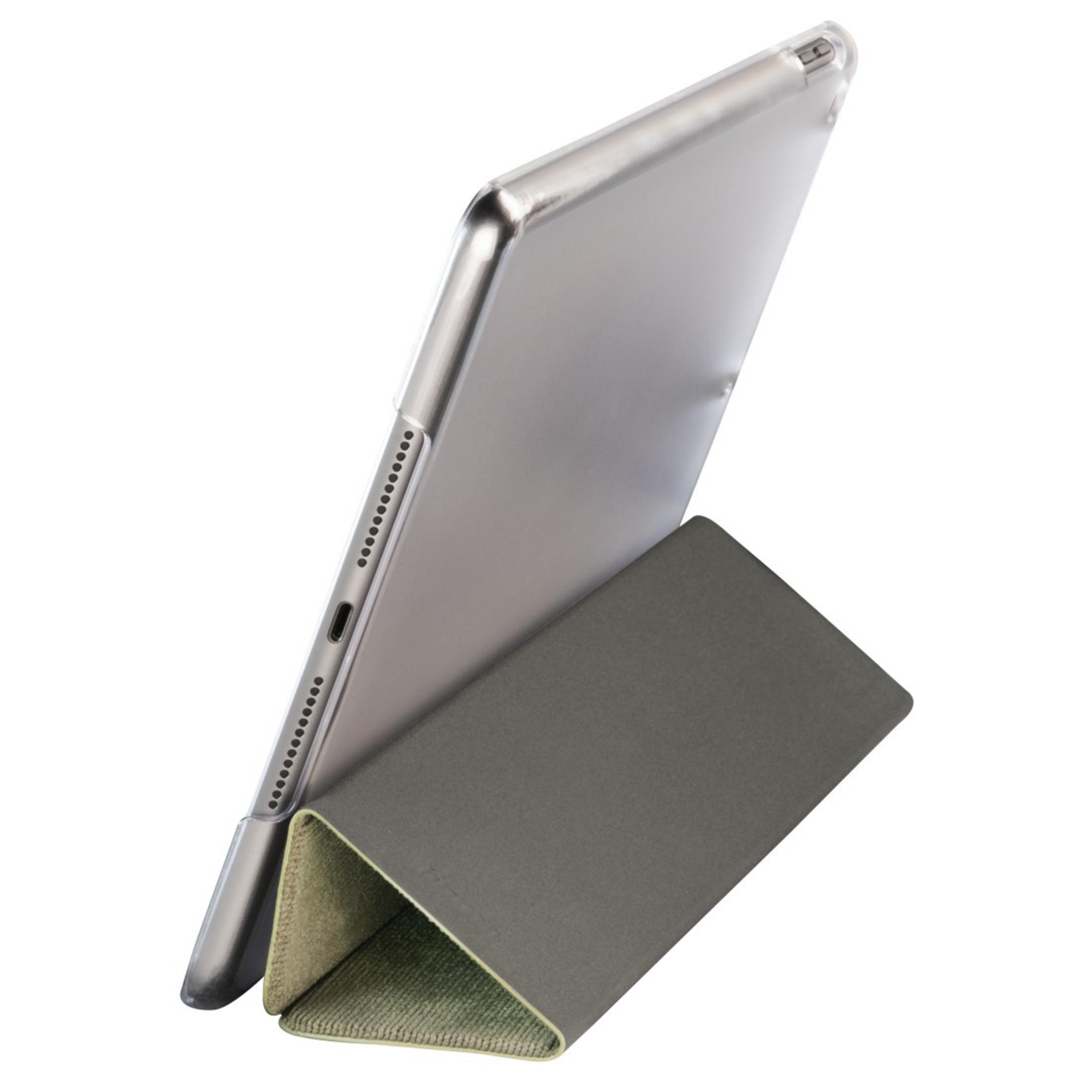 Tablet in einem Ständer, grau, lehnt an einem grauen, dreieckigen Ständer.