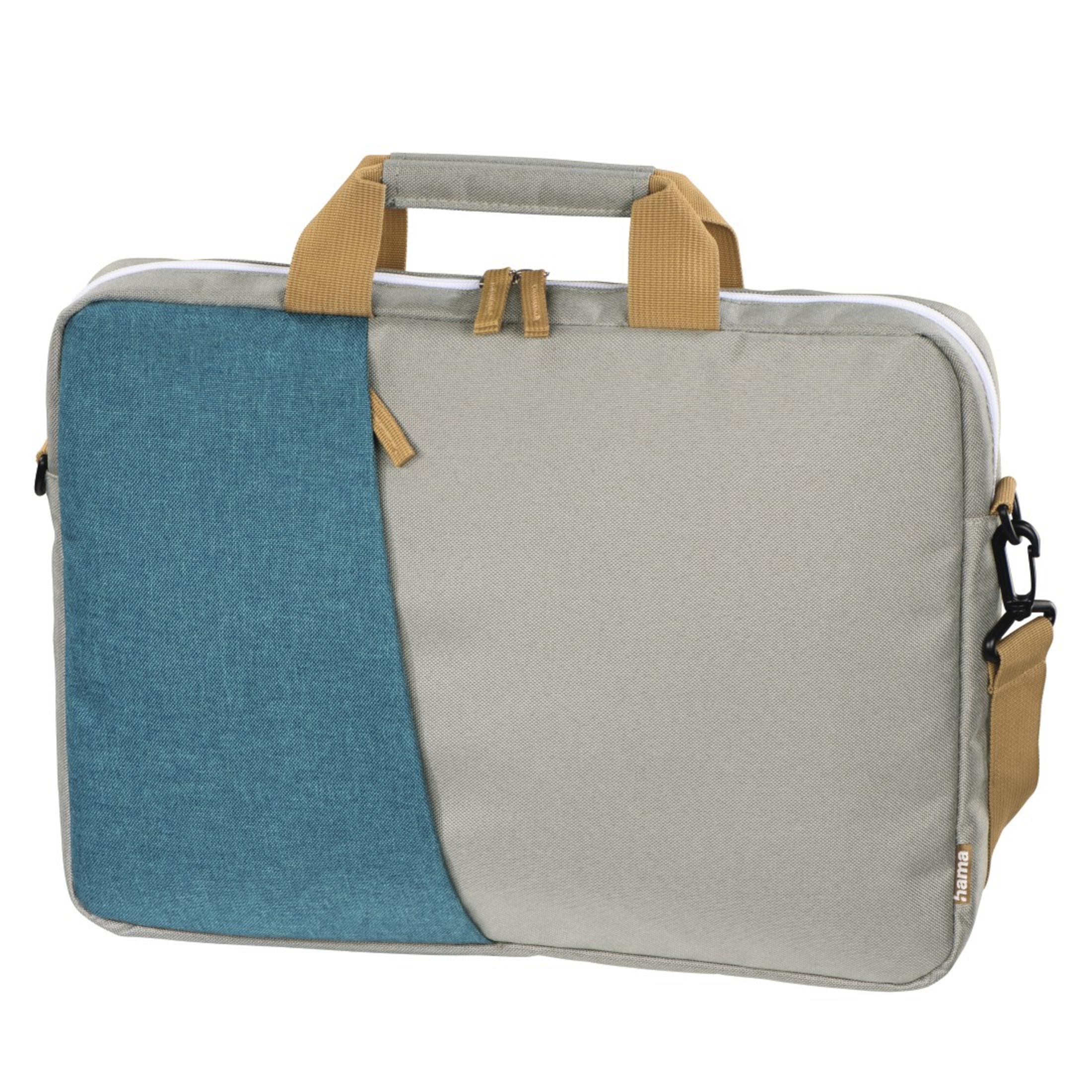 Eine Laptoptasche mit blauem und grauem Design. Sie hat einen Griff und einen Schultergurt.