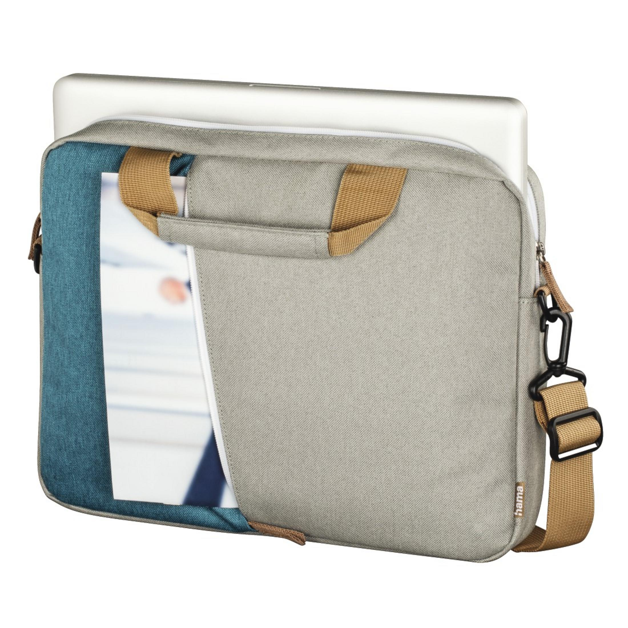 Laptop in grau-blauer Tasche. Braune Riemen und Griff. Weißer Reißverschluss. Schwarzer Gurt und Clip.