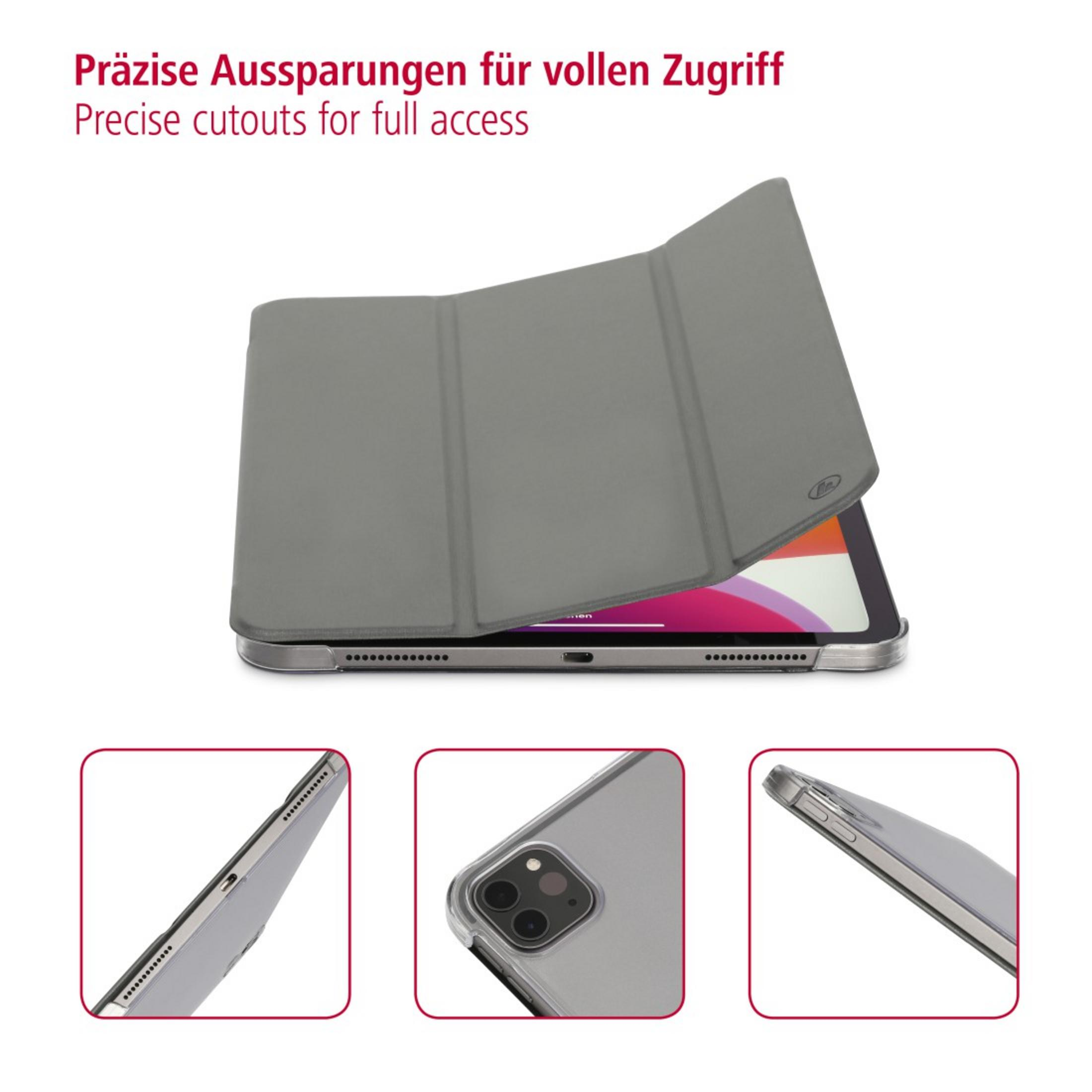 Graue Tablet-Hülle offen, zeigt ein Tablet und drei Detailaufnahmen.